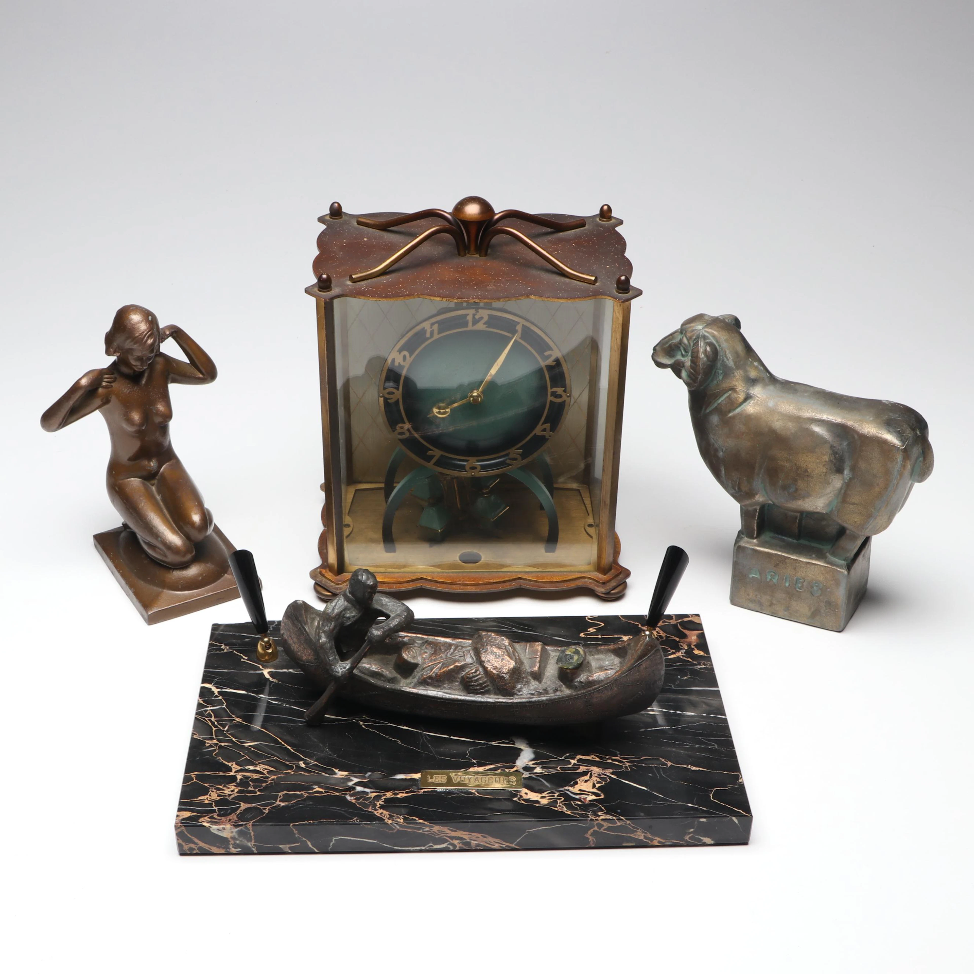 German Euramca Anniversary Clock, Bronze and Marble Pen Holder, More