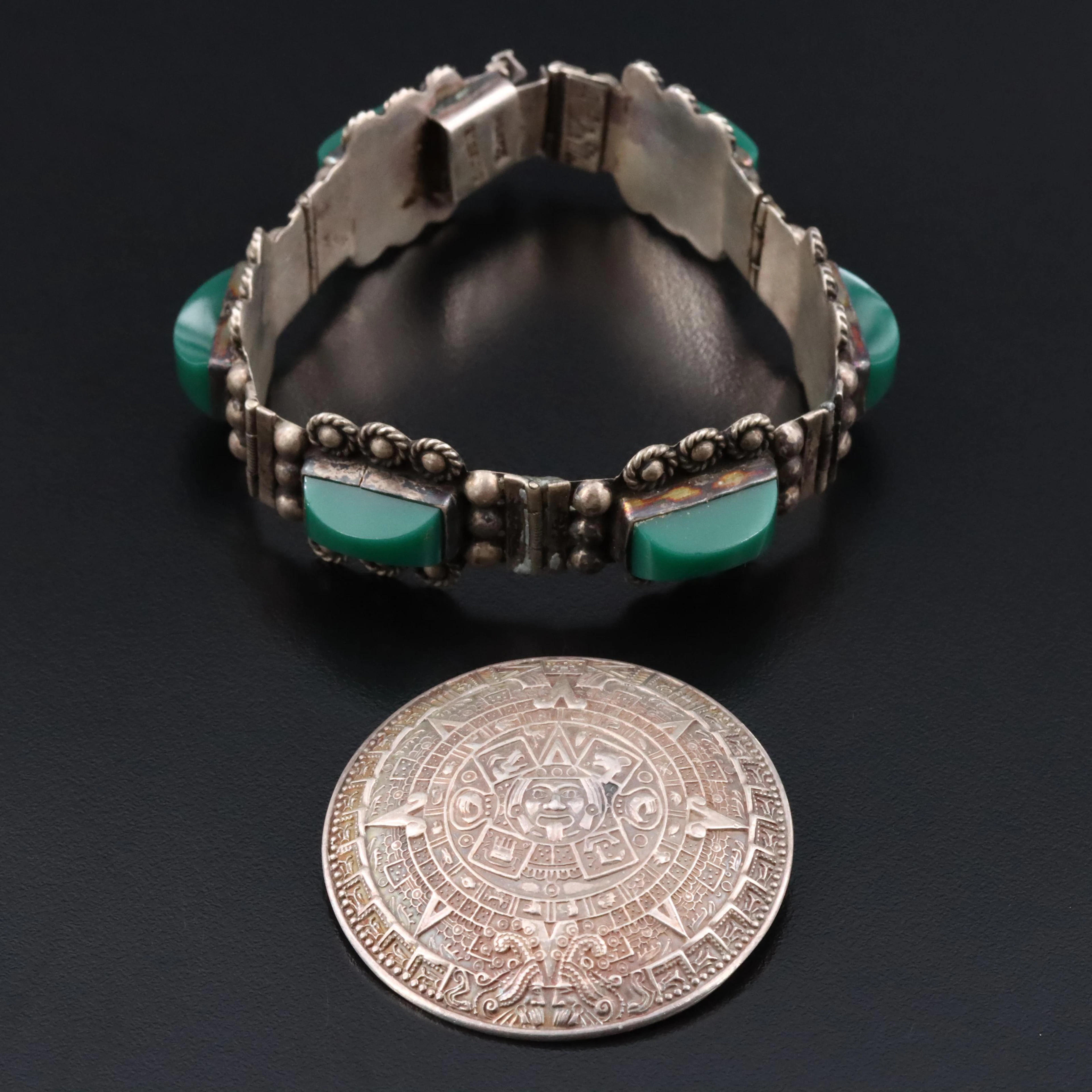 Sterling Mexican Glass Bracelet and Aztec Calendar Converter Brooch