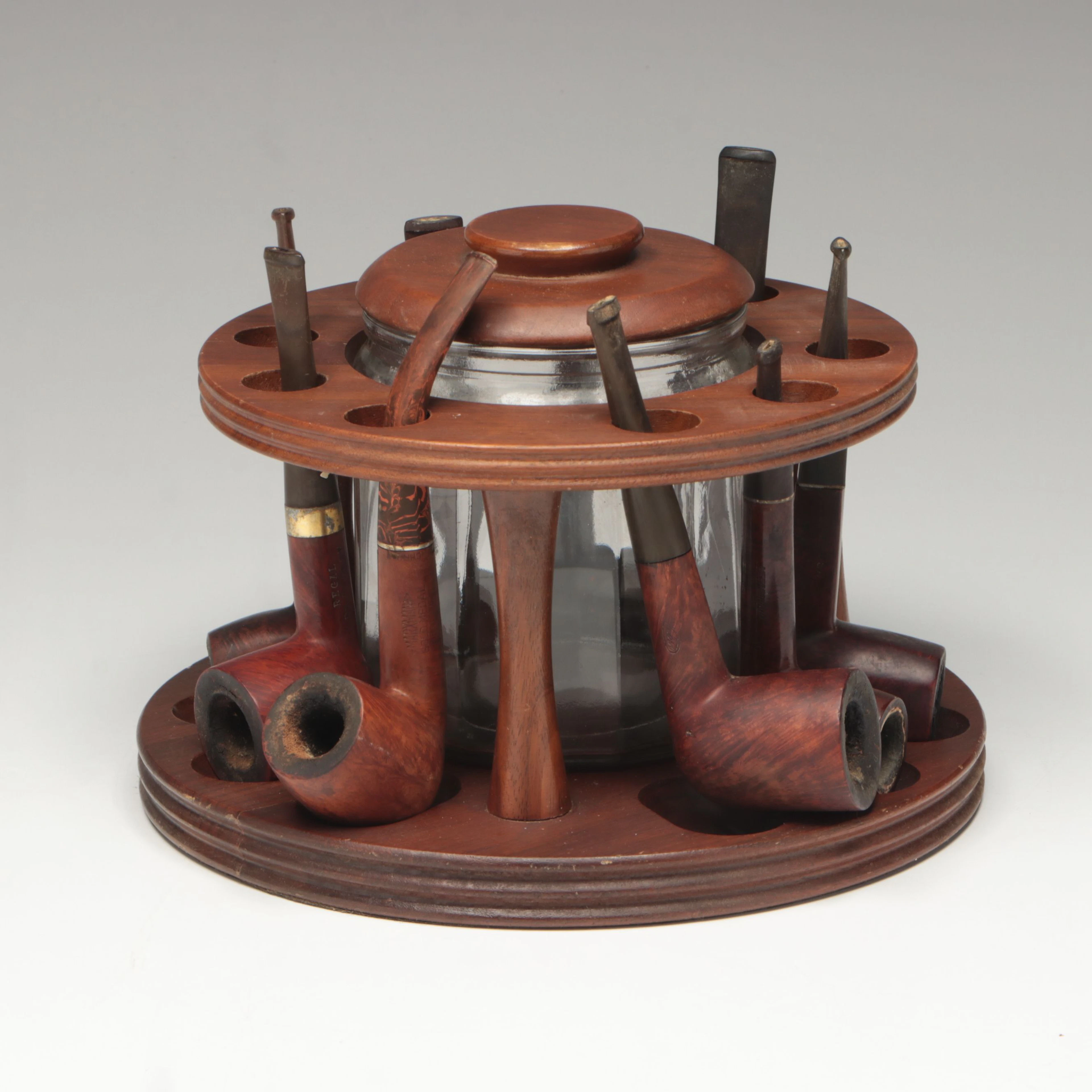Wooden Pipes with Stand and Tobacco Jar, Mid to Late 20th Century