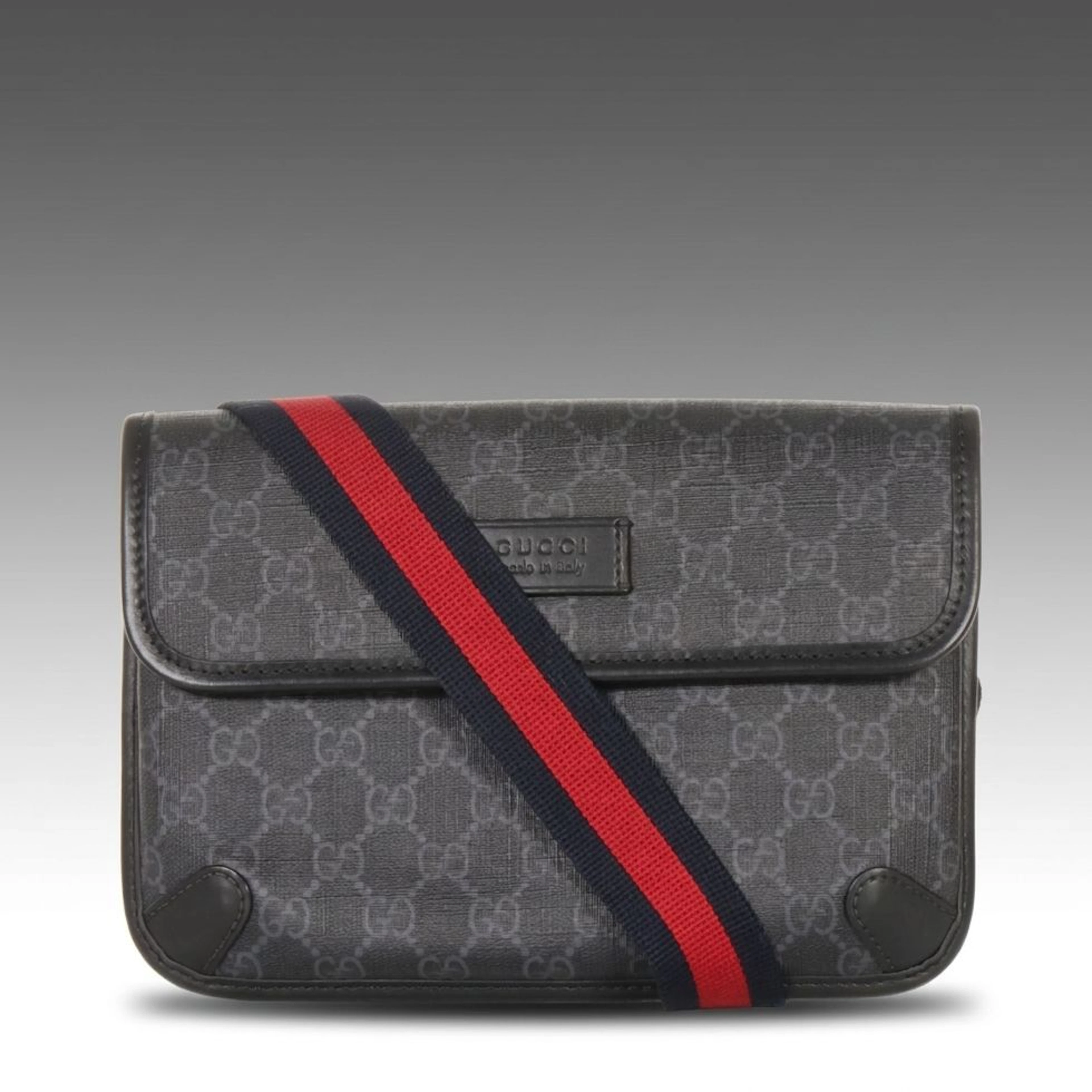 Gucci Flap Belt Bag in Grey GG Supreme Canvas and Black Leather with Web Strap