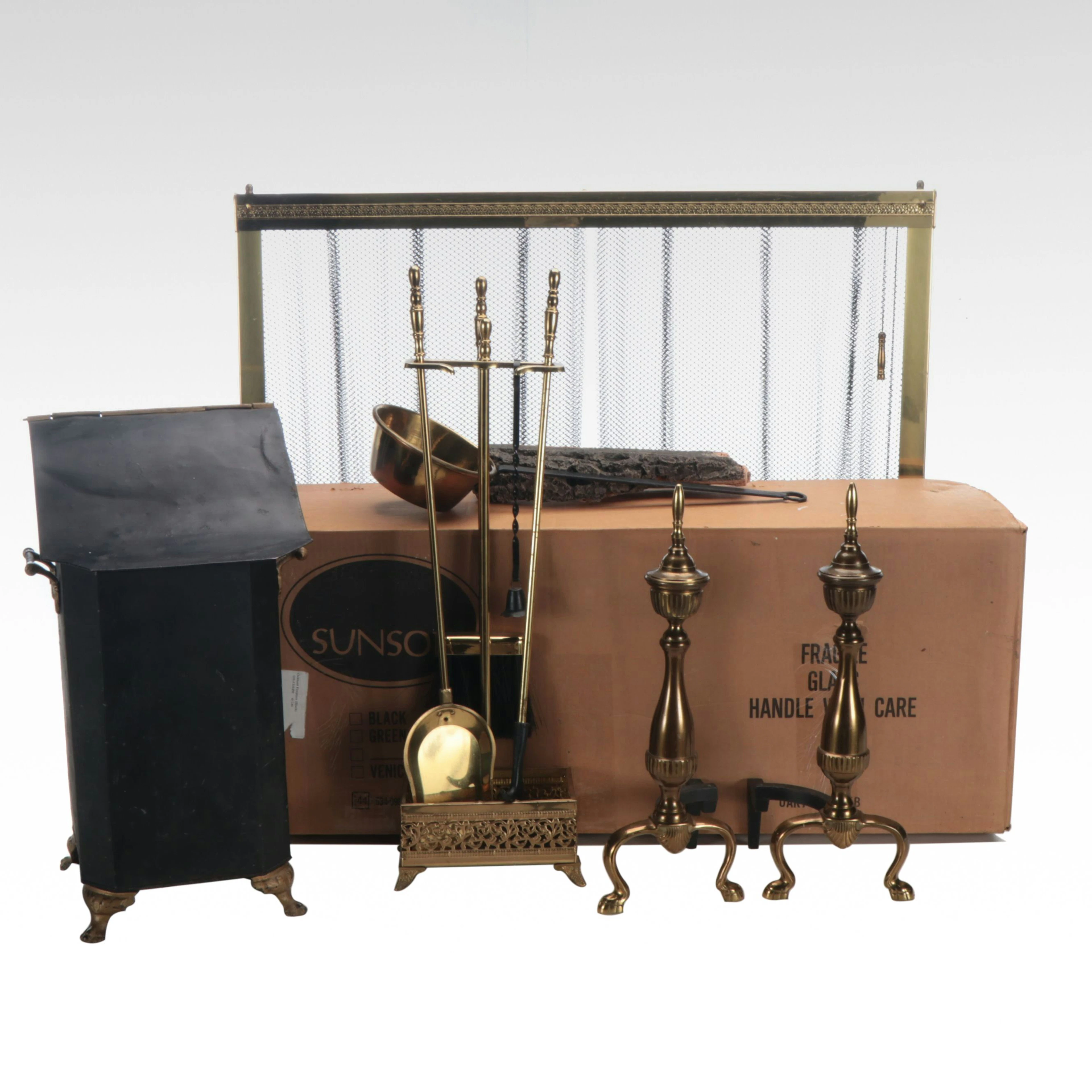 Coal Scuttle, Brass Finish Fireplace Screen and More Fireplace Accessories