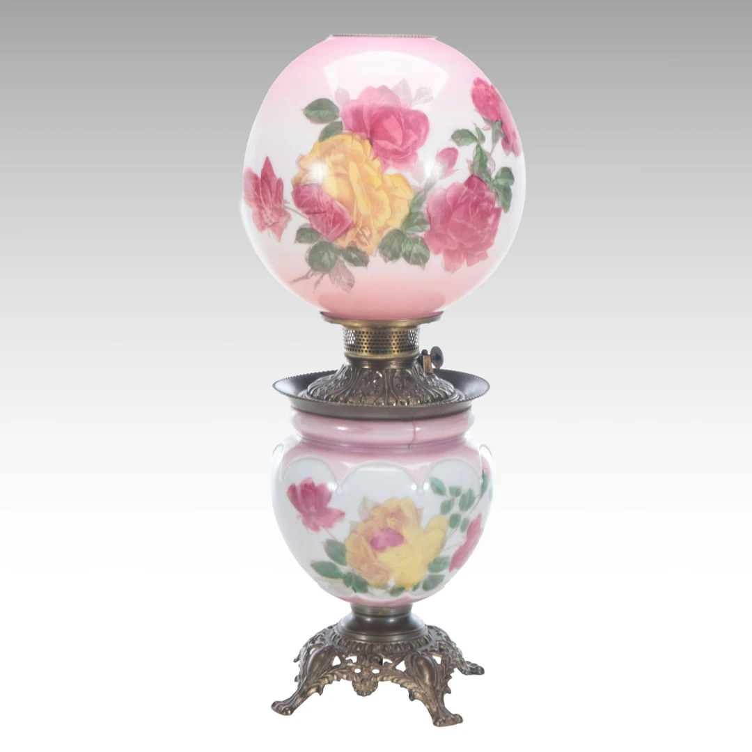 Victorian Style Floral Decorated Glass Parlor Lamp
