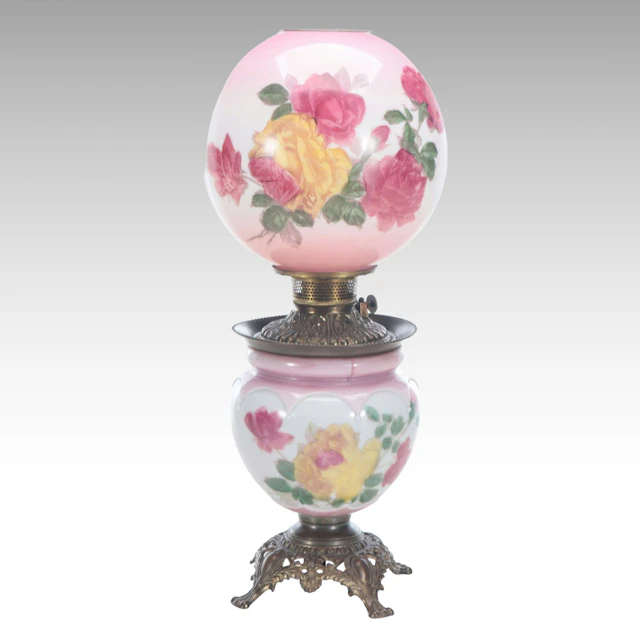 Victorian Style Floral Decorated Glass Parlor Lamp
