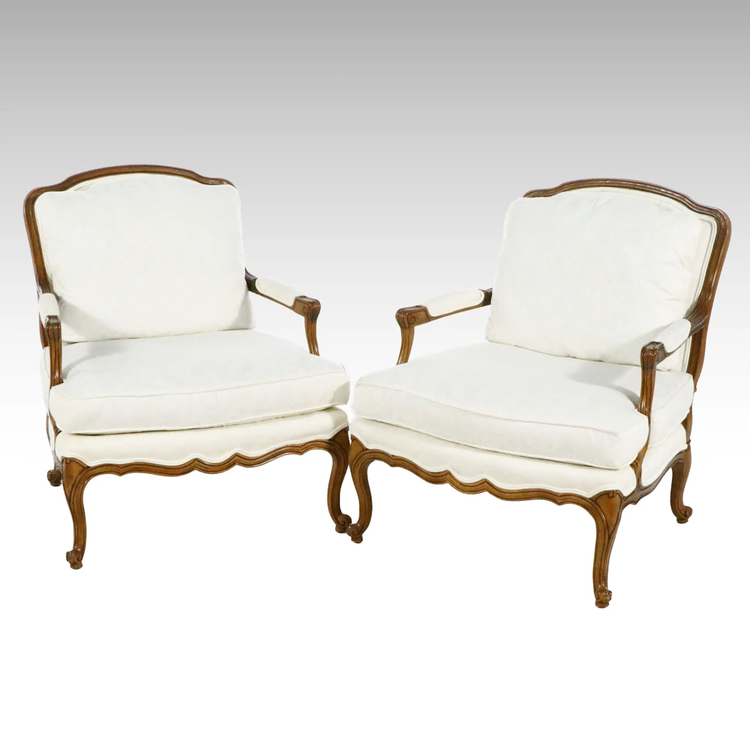 Pair of Louis XV Style Carved Wood Bergères, Late 20th Century