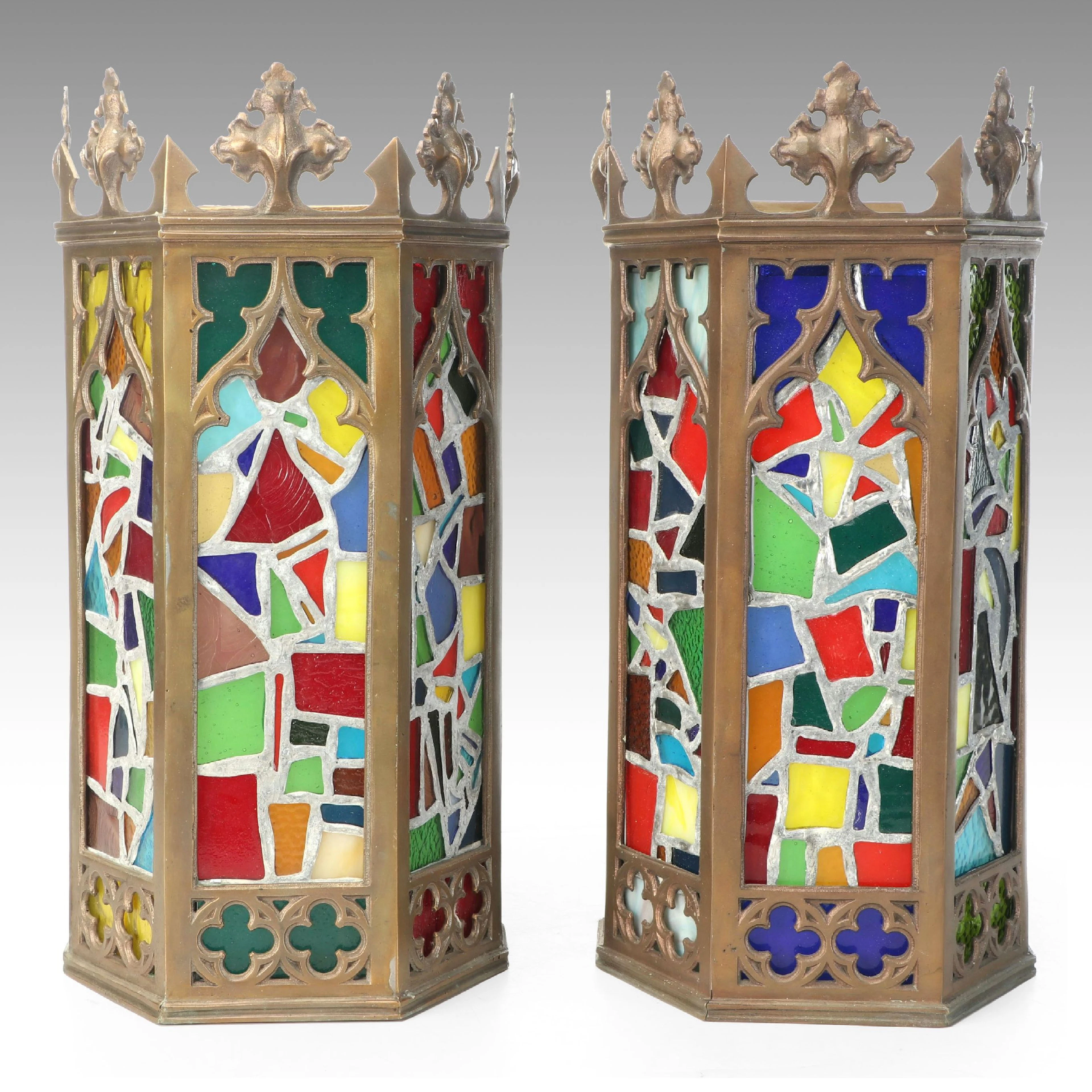 Pair of Gothic Revival Church Wall Sconces with Mosaic Glass Shades