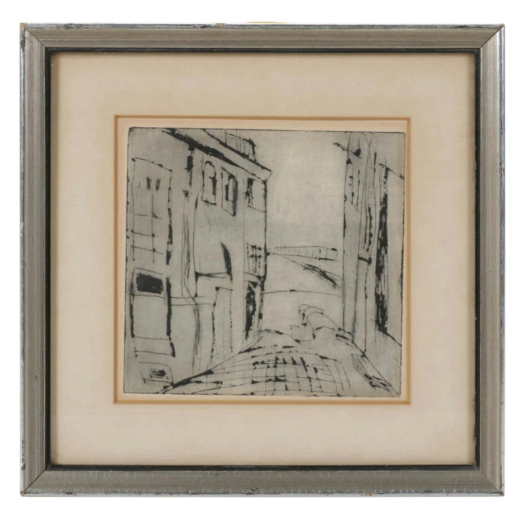 Street Scene Etching with Drypoint on Paper, 20th C.