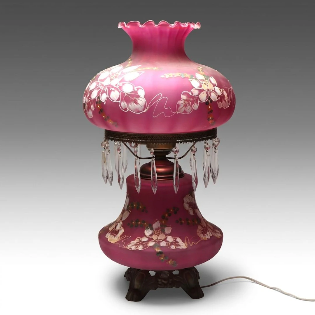 Victorian Style Hand-Painted Cranberry Glass Parlor Lamp, Vintage