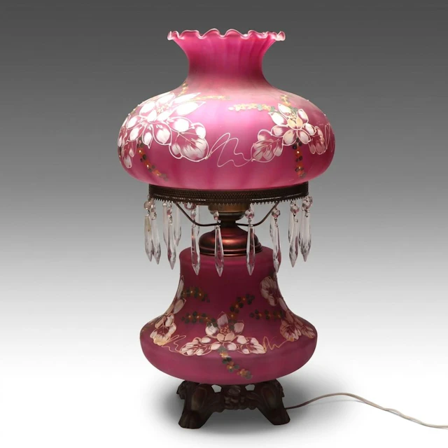 Victorian Style Hand-Painted Cranberry Glass Parlor Lamp, Vintage