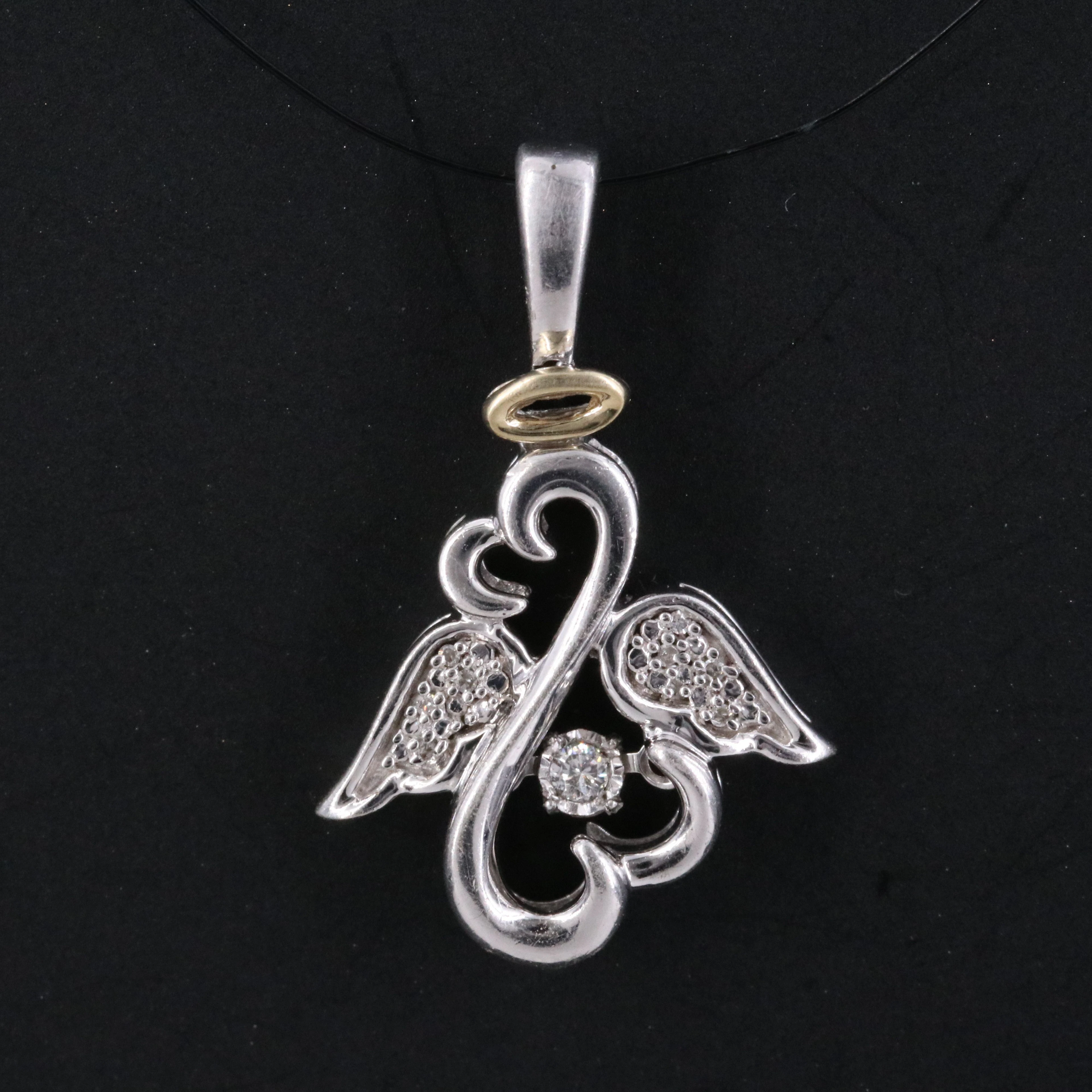 Jane Seymour Sterling Diamond Open Heart Angel Pendant with 10K Accent