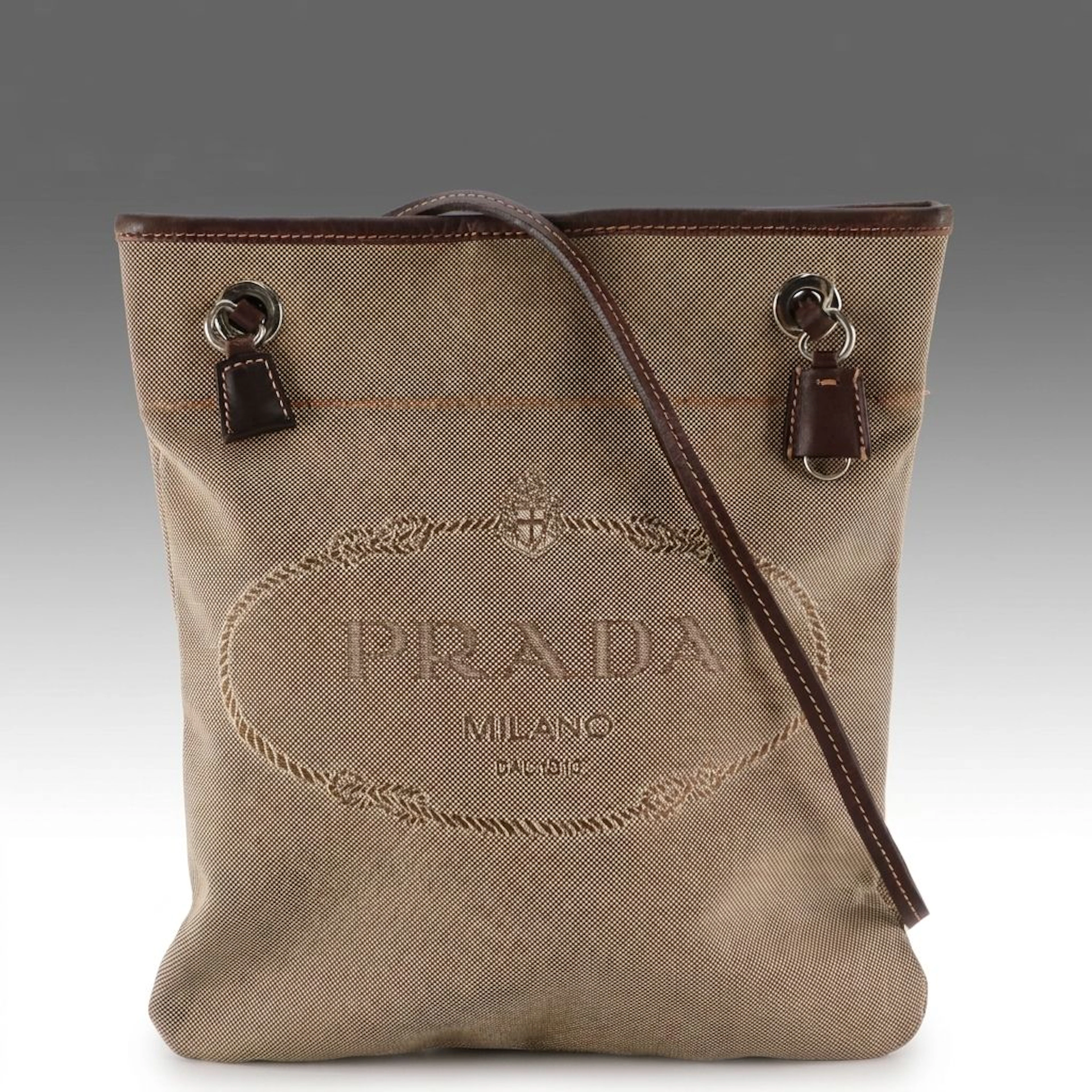 Prada Crossbody Bag in Beige Logo Jacquard Canvas and Leather Trim