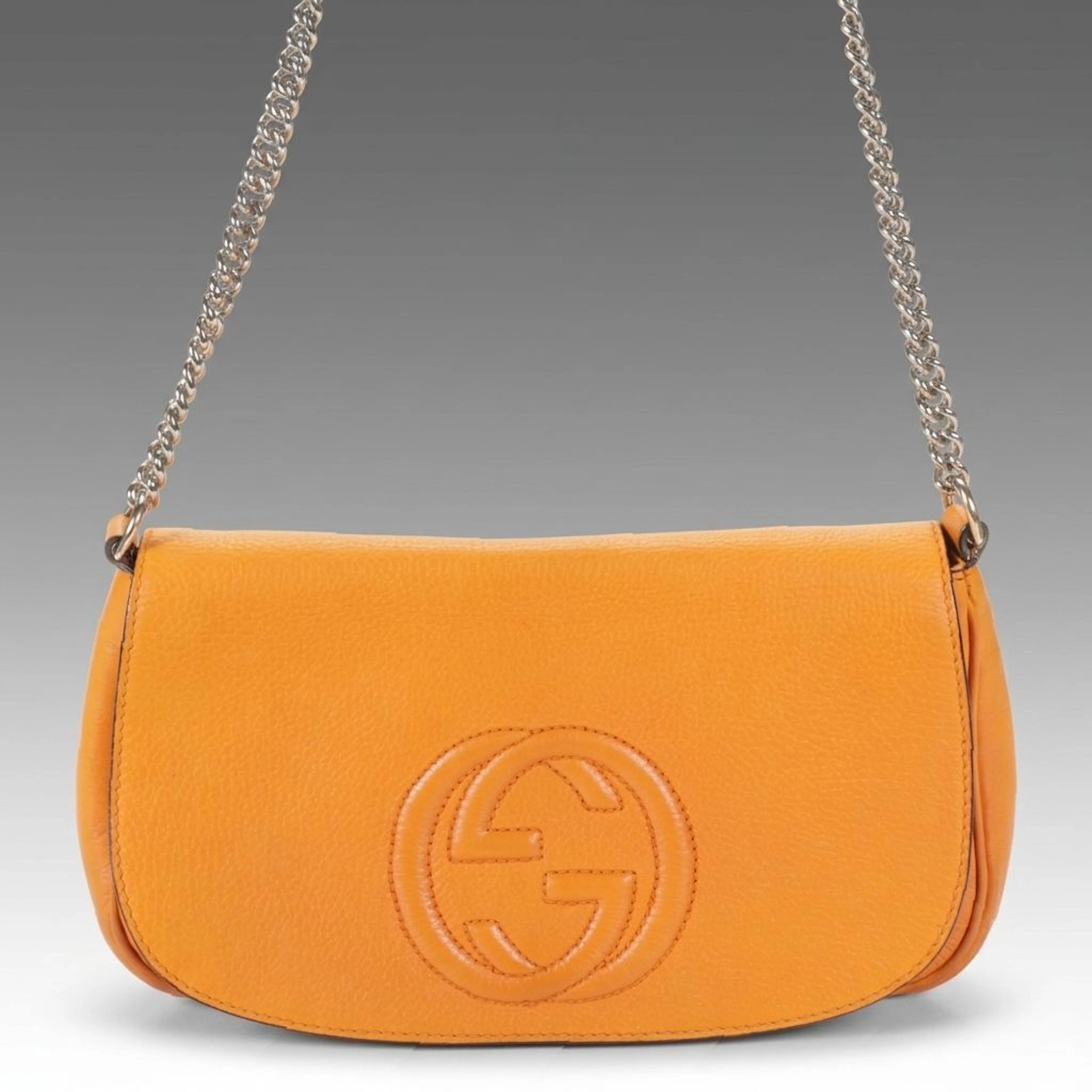 Gucci Soho Flap Chain Crossbody Bag in Orange Grained Calfskin Leather