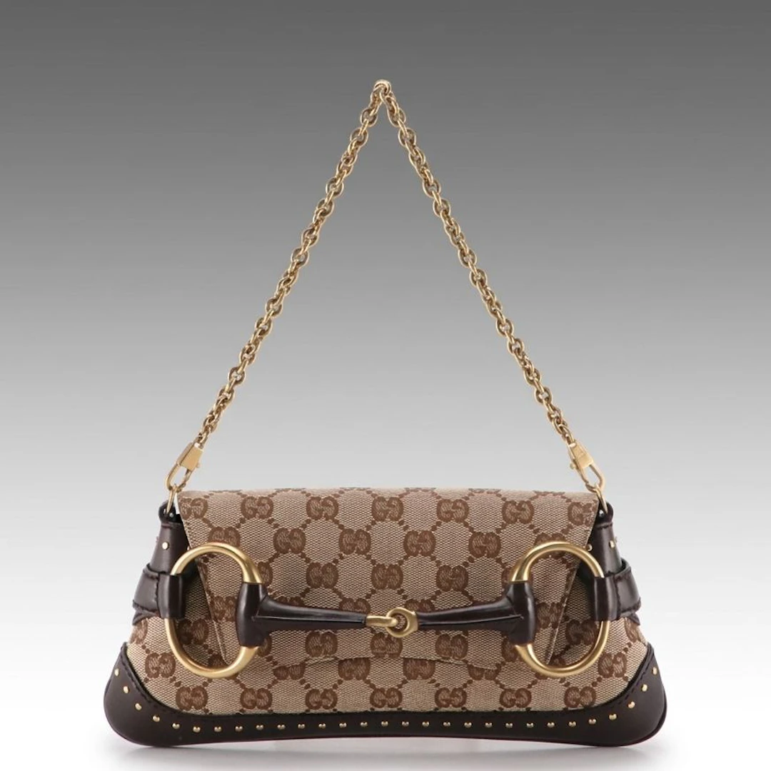 Gucci Horsebit Shoulder Bag in Beige GG Monogram Canvas and Leather