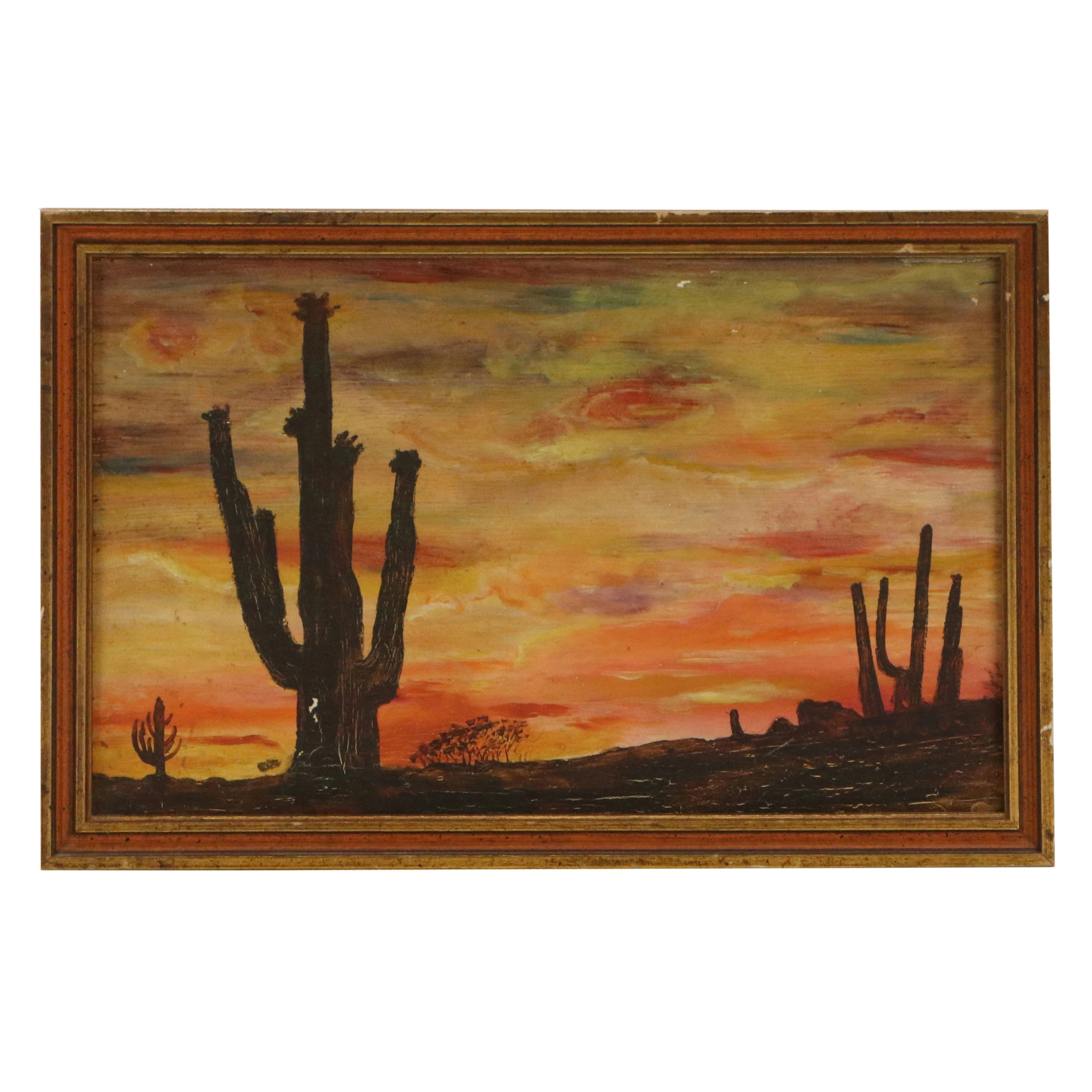 Oil Painting on Wood of Desert Sunset, Ex. Marge Schott Collection