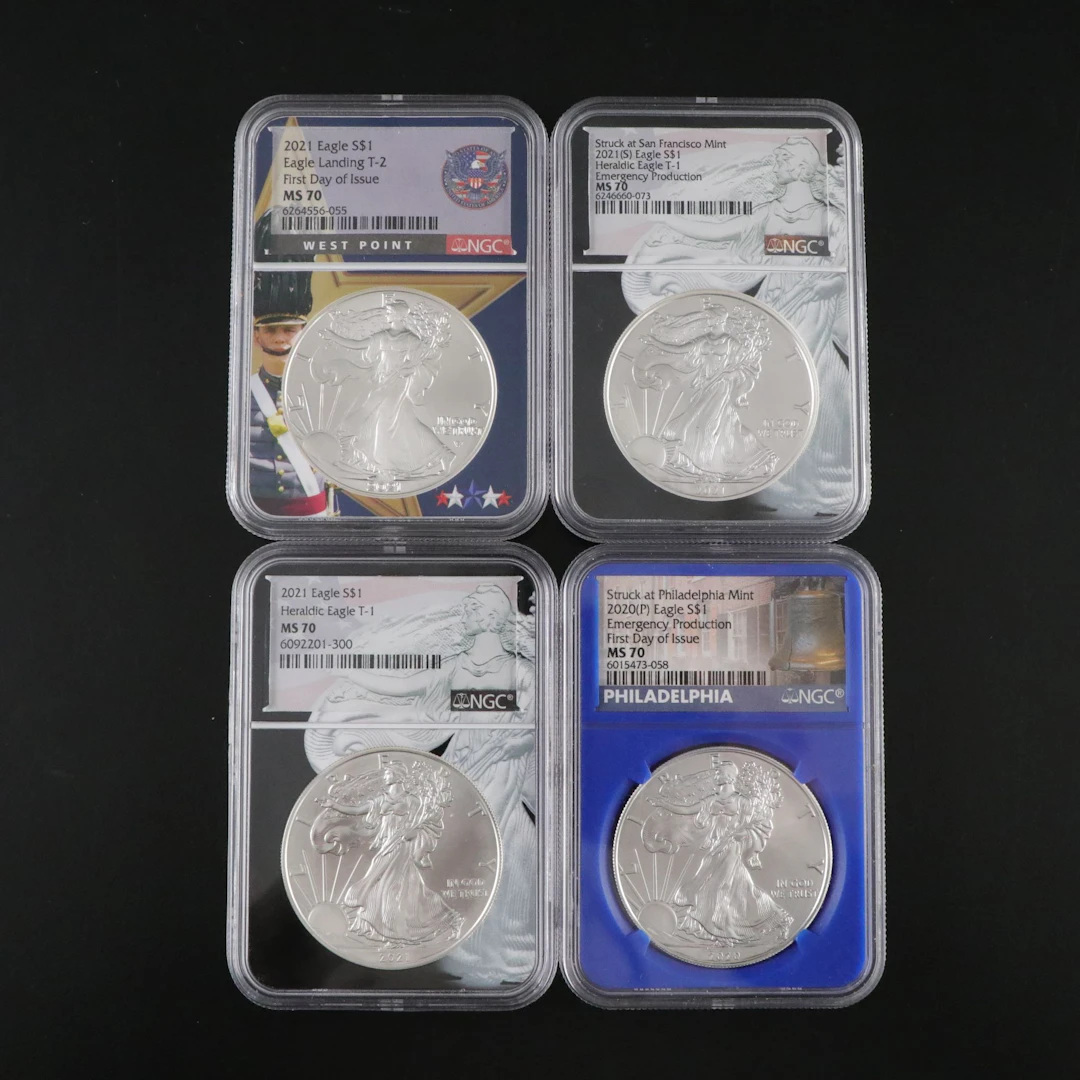 Four NGC Graded MS70 Silver Eagle 1-Oz. Bullion Coins