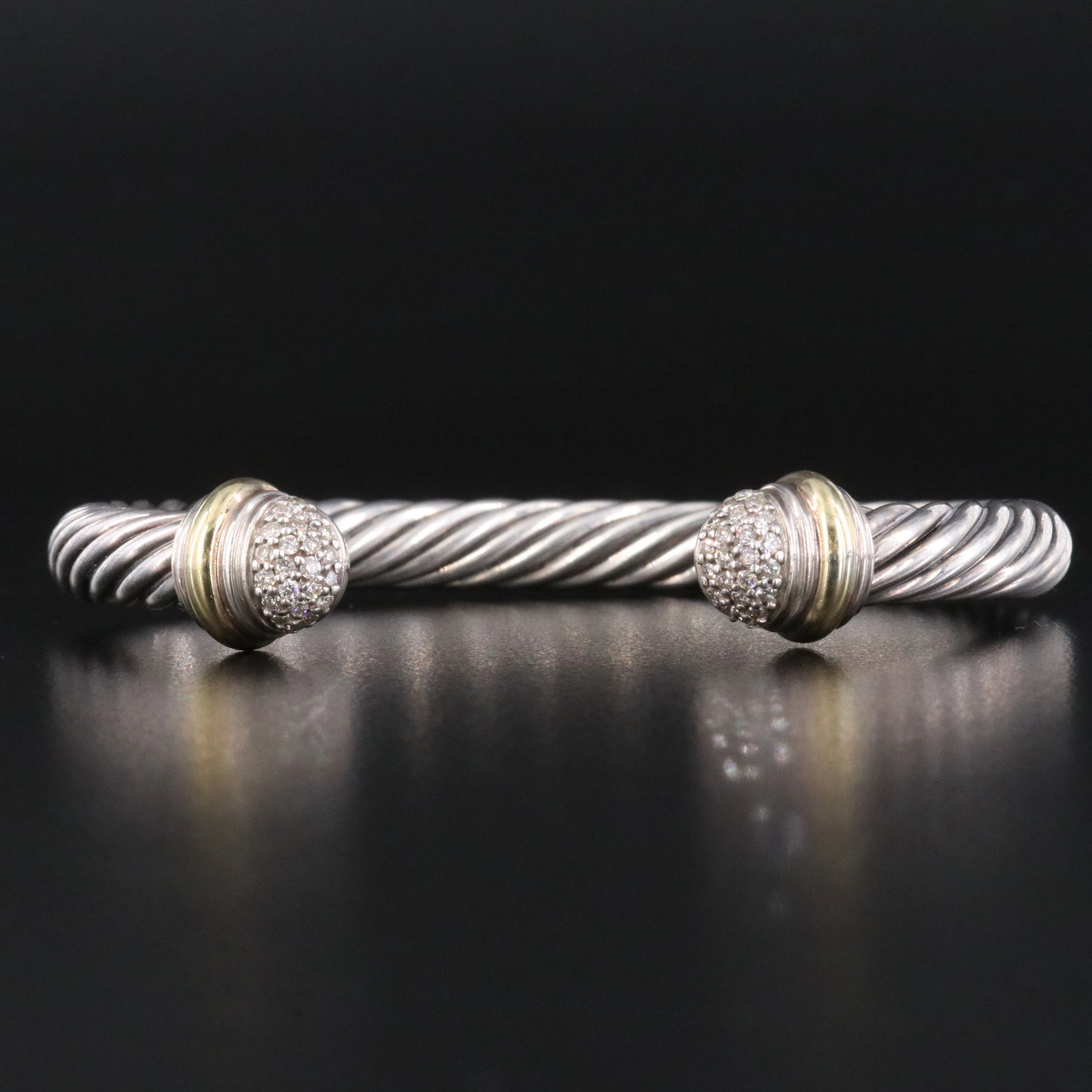 David Yurman Sterling 0.66 CTW Diamond Cable Cuff Bracelet with 18K Accents