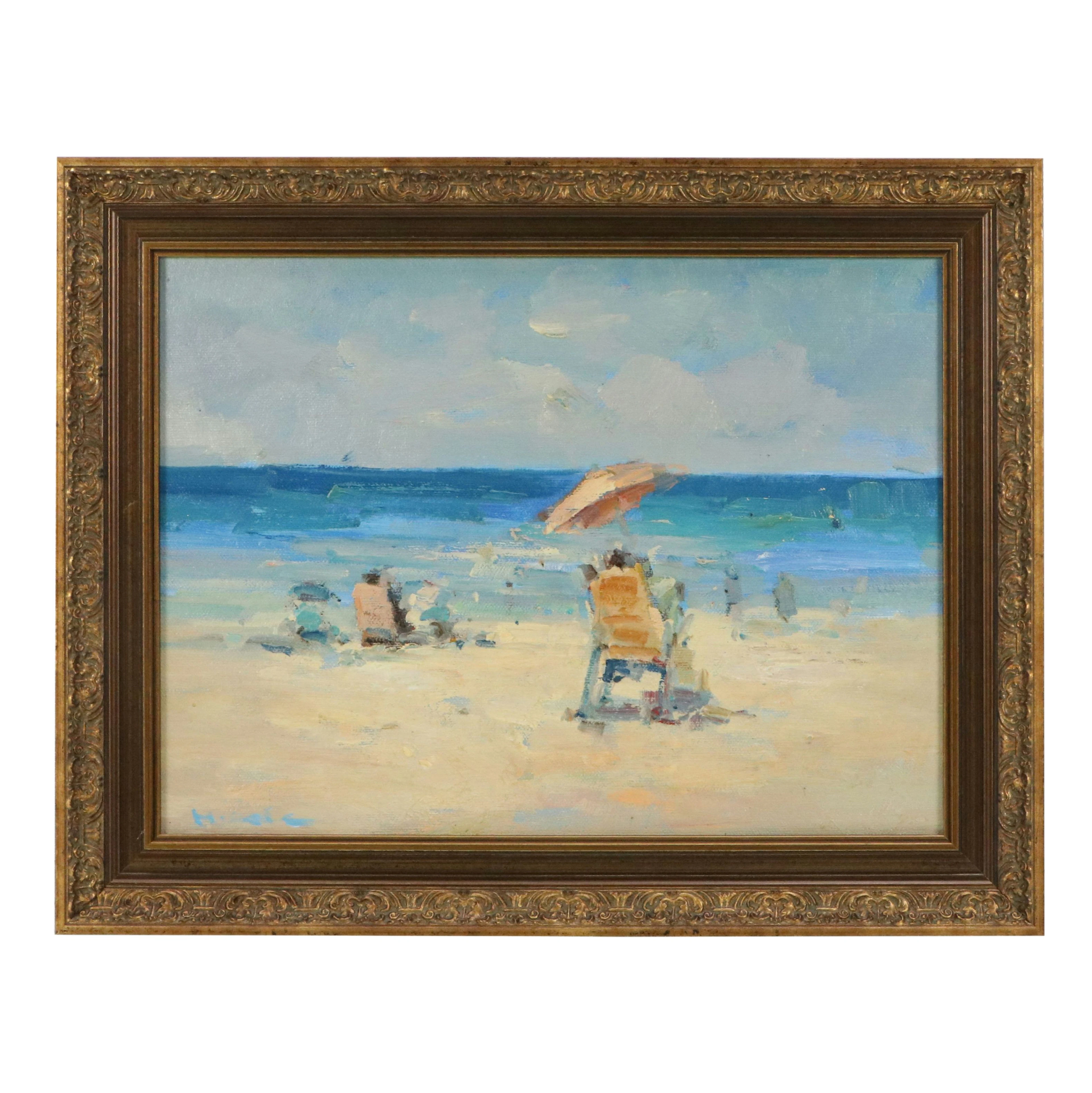 Impressionistic Oil Painting of Beach Scene, 21st Century