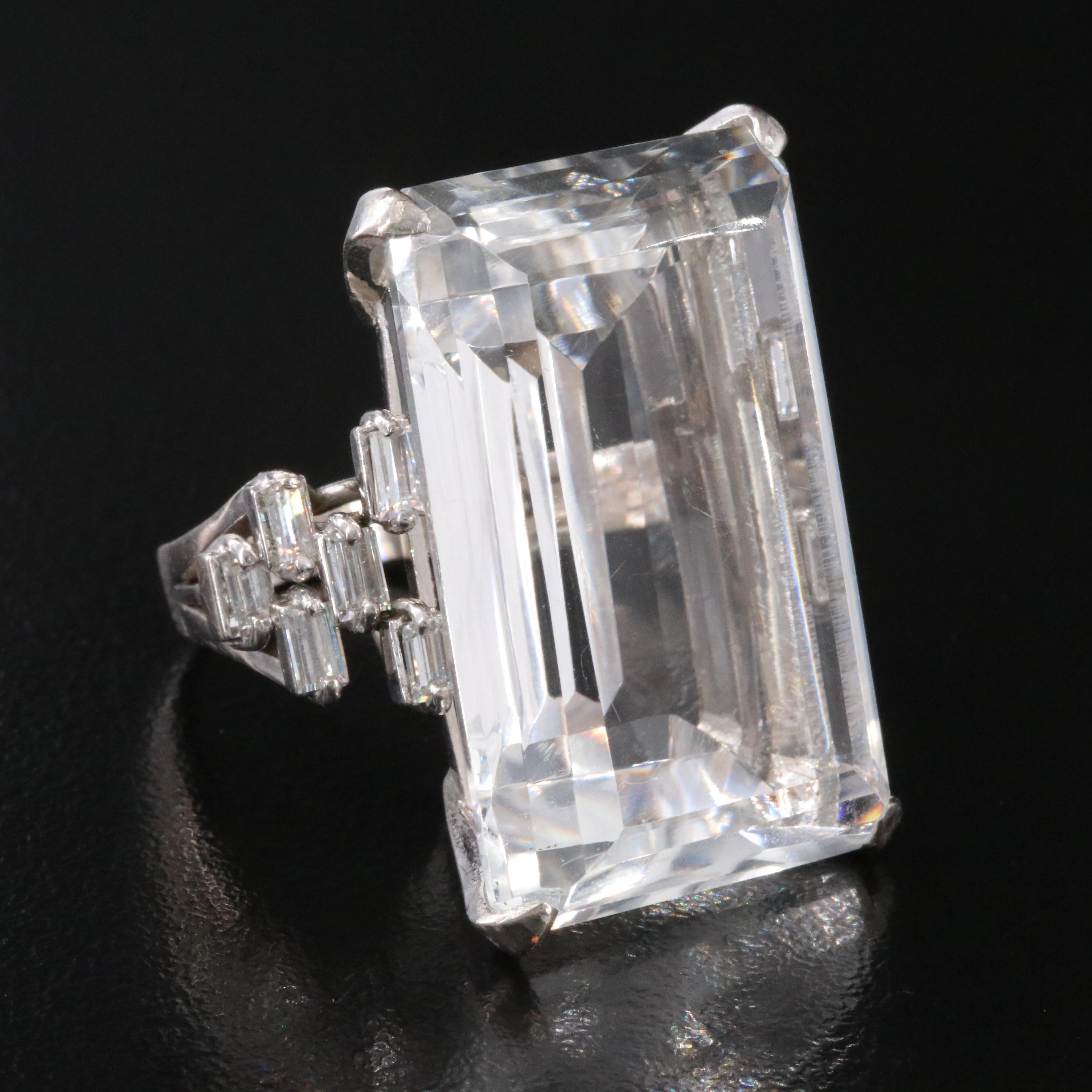 Rock Crystal and Diamond Ring in Silver/Gold/Palladium Alloy