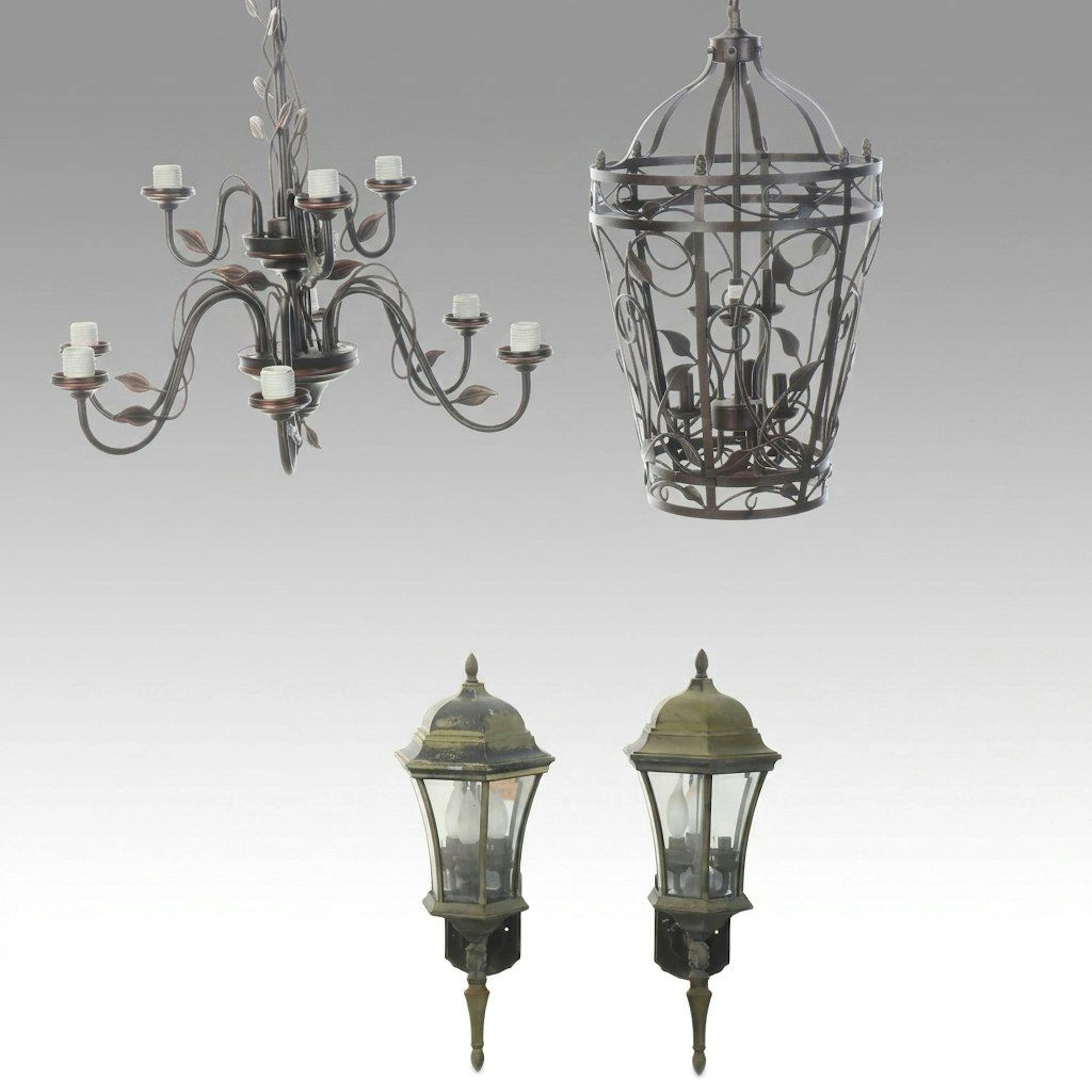 Tuscan Style Bronzed Metal Pendant and Chandelier, Pair of Carriage Lanterns
