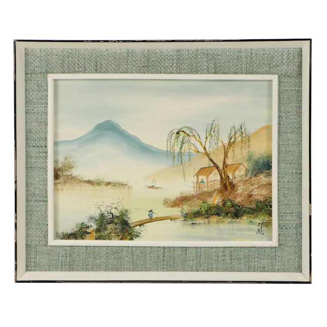 T. Wong Chinese Oil Painting Mountainous Lake Landscape, Circa 1977