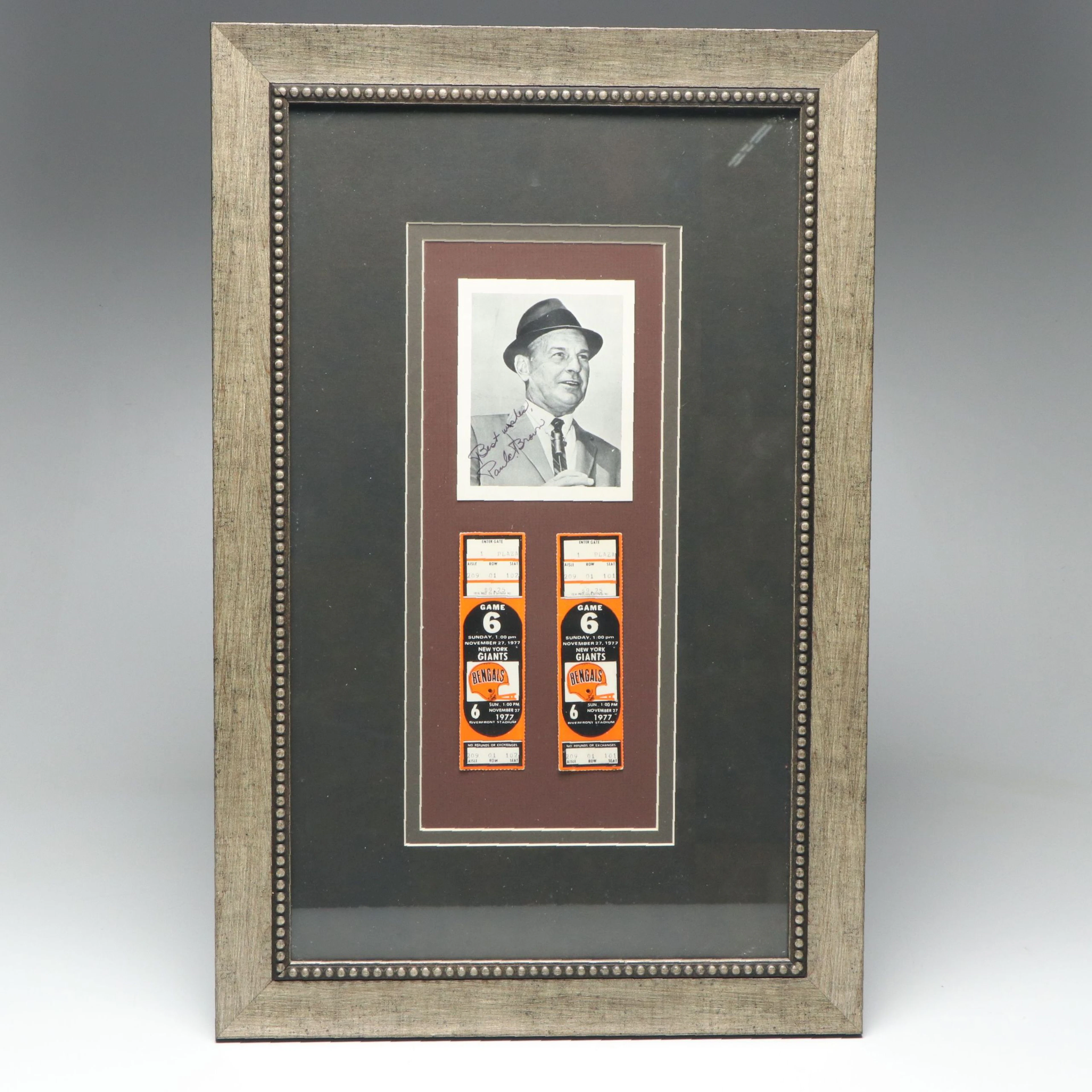 Paul Brown Signed Print with Cincinnati Bengals Ticket Stubs and Display, JSA