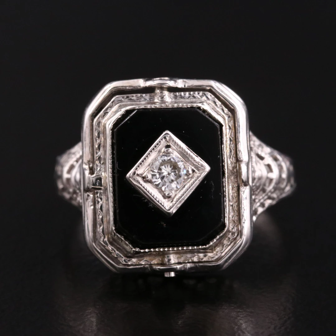 Art Deco 14K Ruby, Black Onyx, and Diamond Openwork Flip Ring