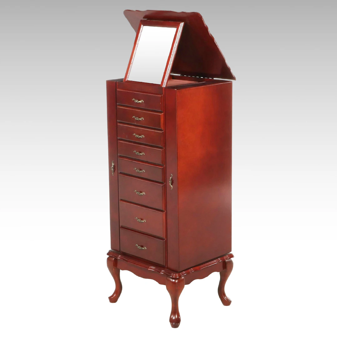 Queen Anne Style Cherry Finish Jewelry Cabinet, Late 20th Century
