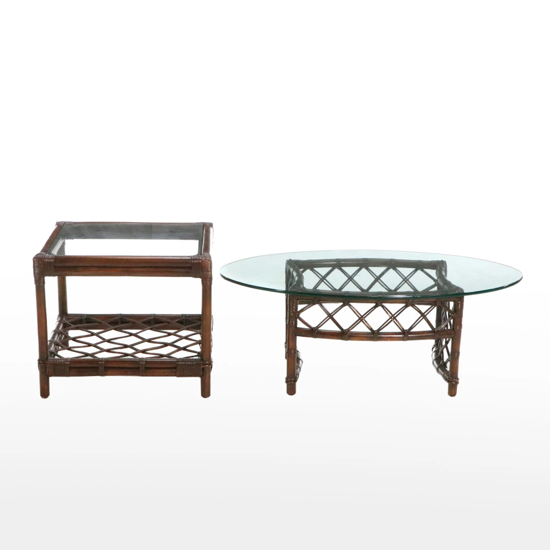 Two Glass Top Rattan Tables, Late 20th Century