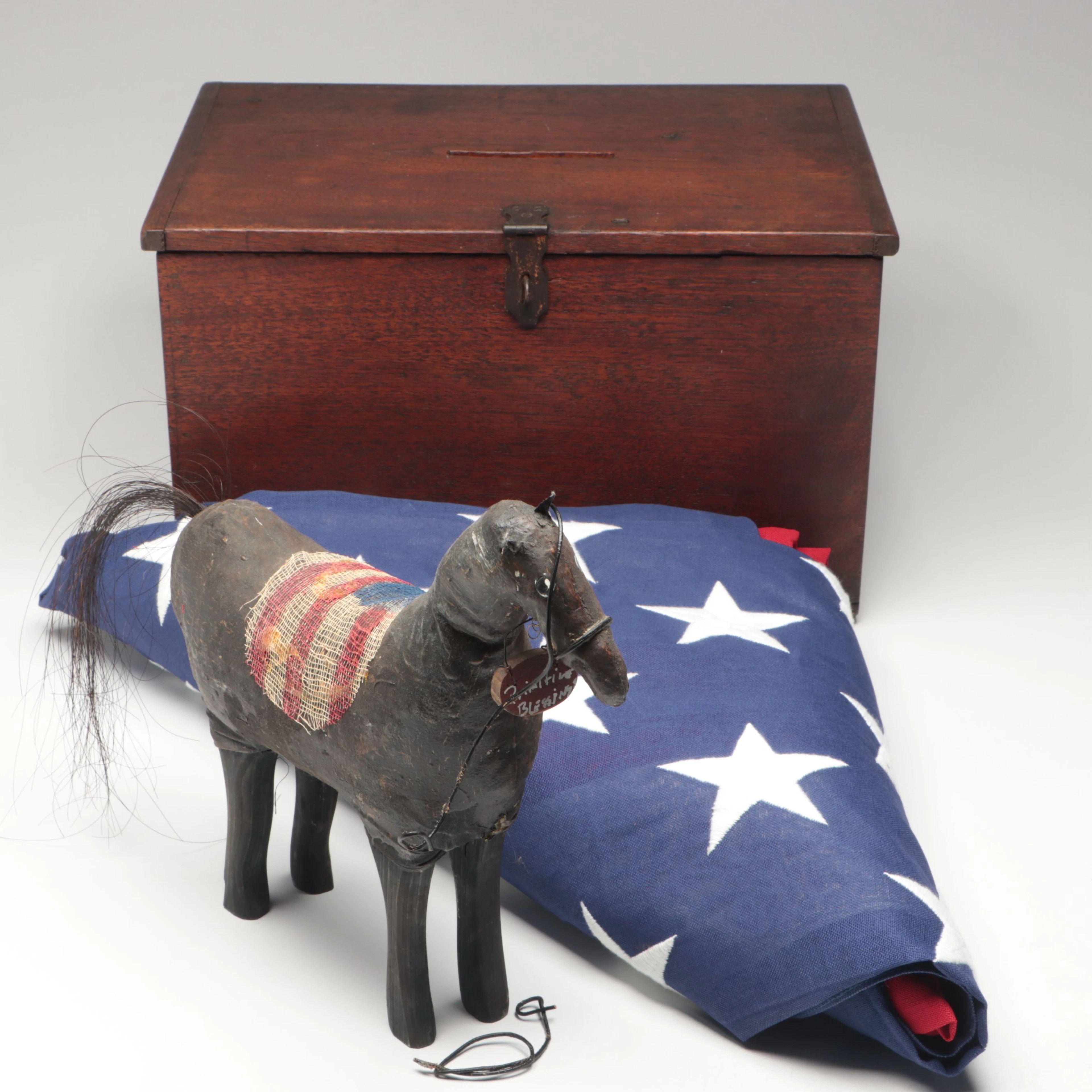 Wooden Ballot Box with Primitive Style Horse Figurine and American Flag