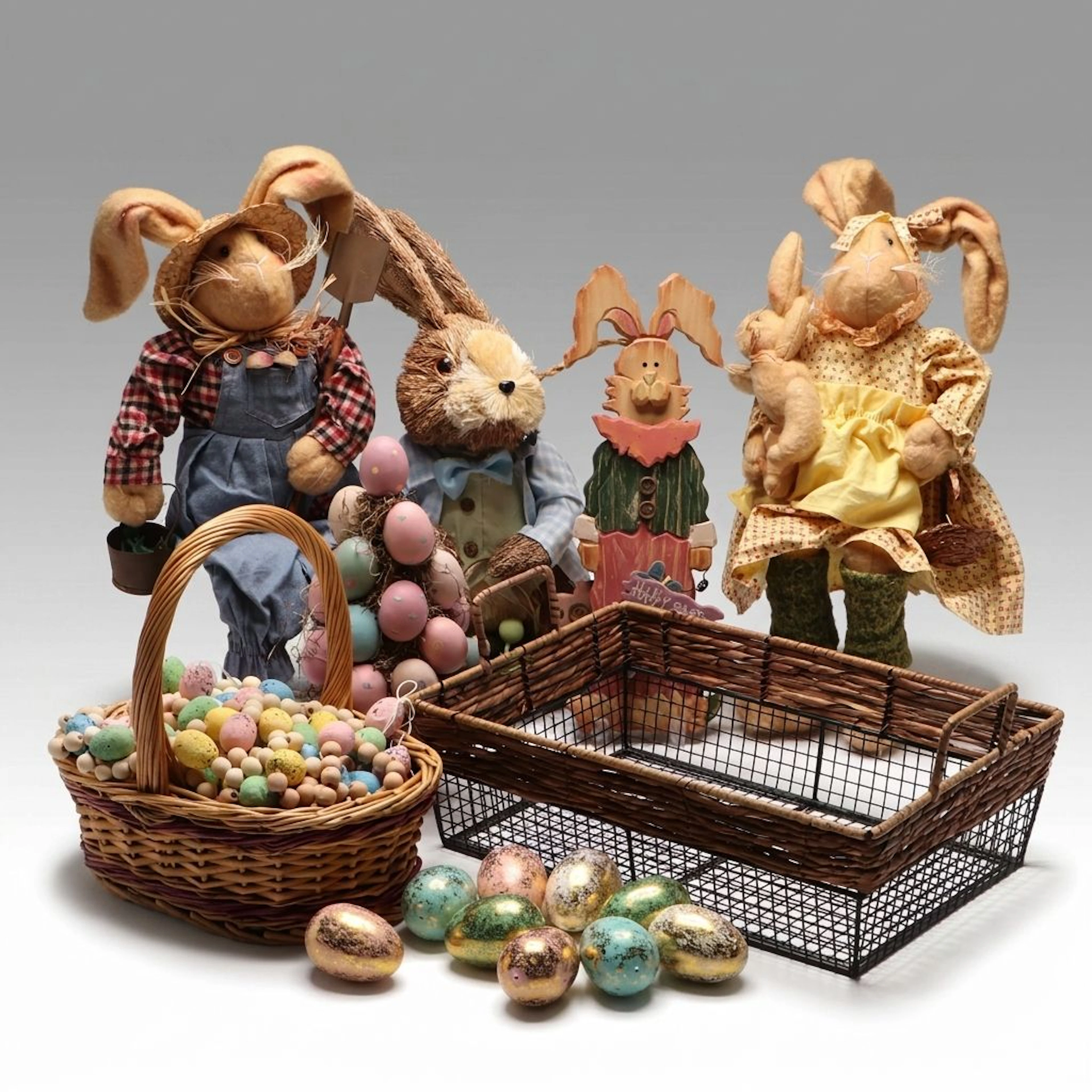 Farmhouse Style Rabbit Figures with Wicker Baskets and More Easter Décor
