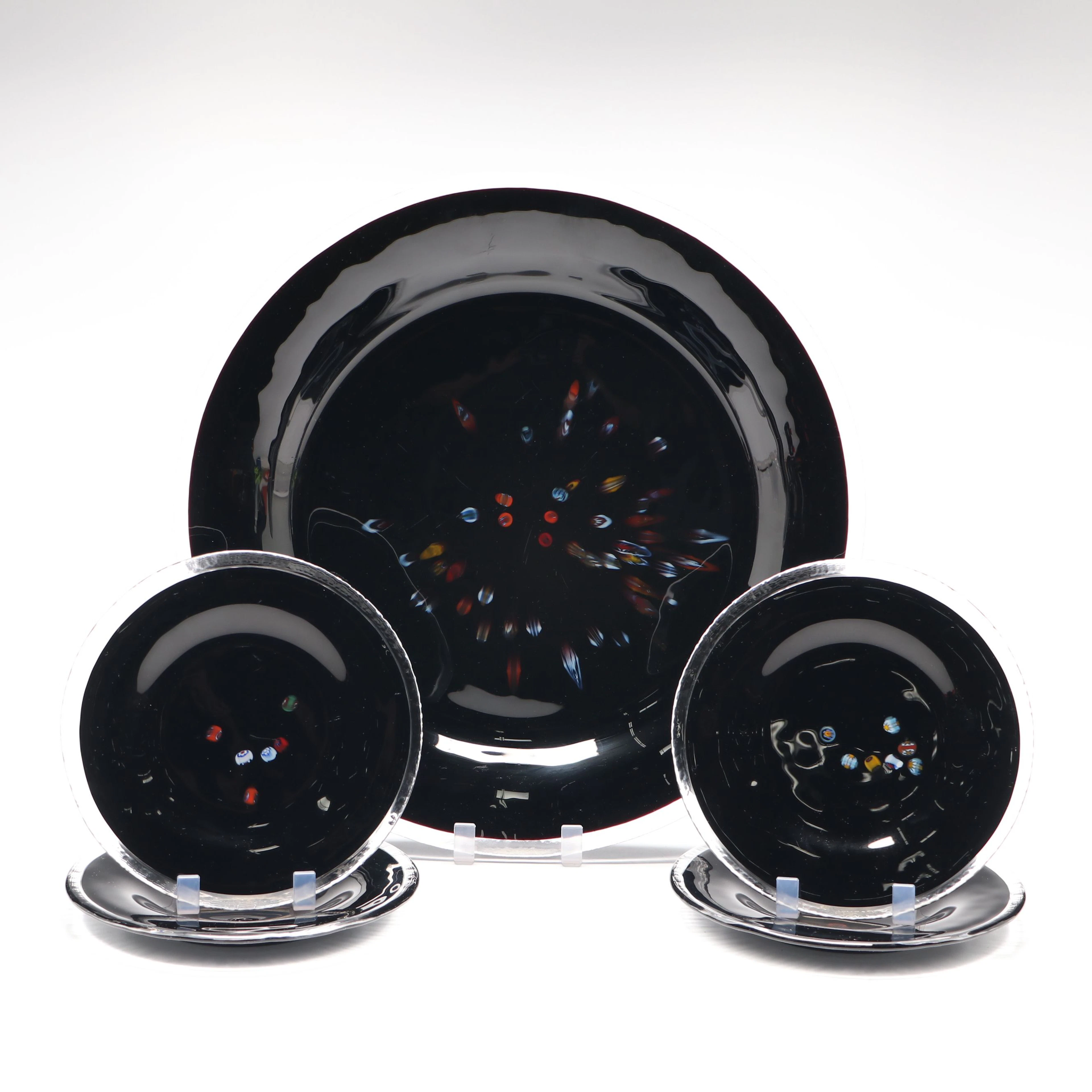 Crate & Barrel Murano Style Millefiori Black Glass Platter and Plates