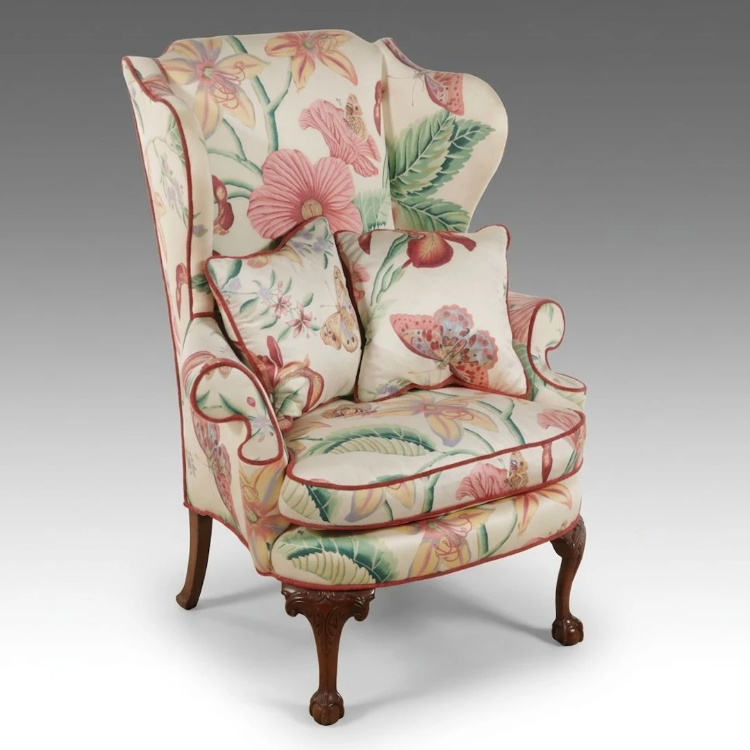 Chippendale Style Botanical Upholstered Wingback Armchair, Late 20th Century