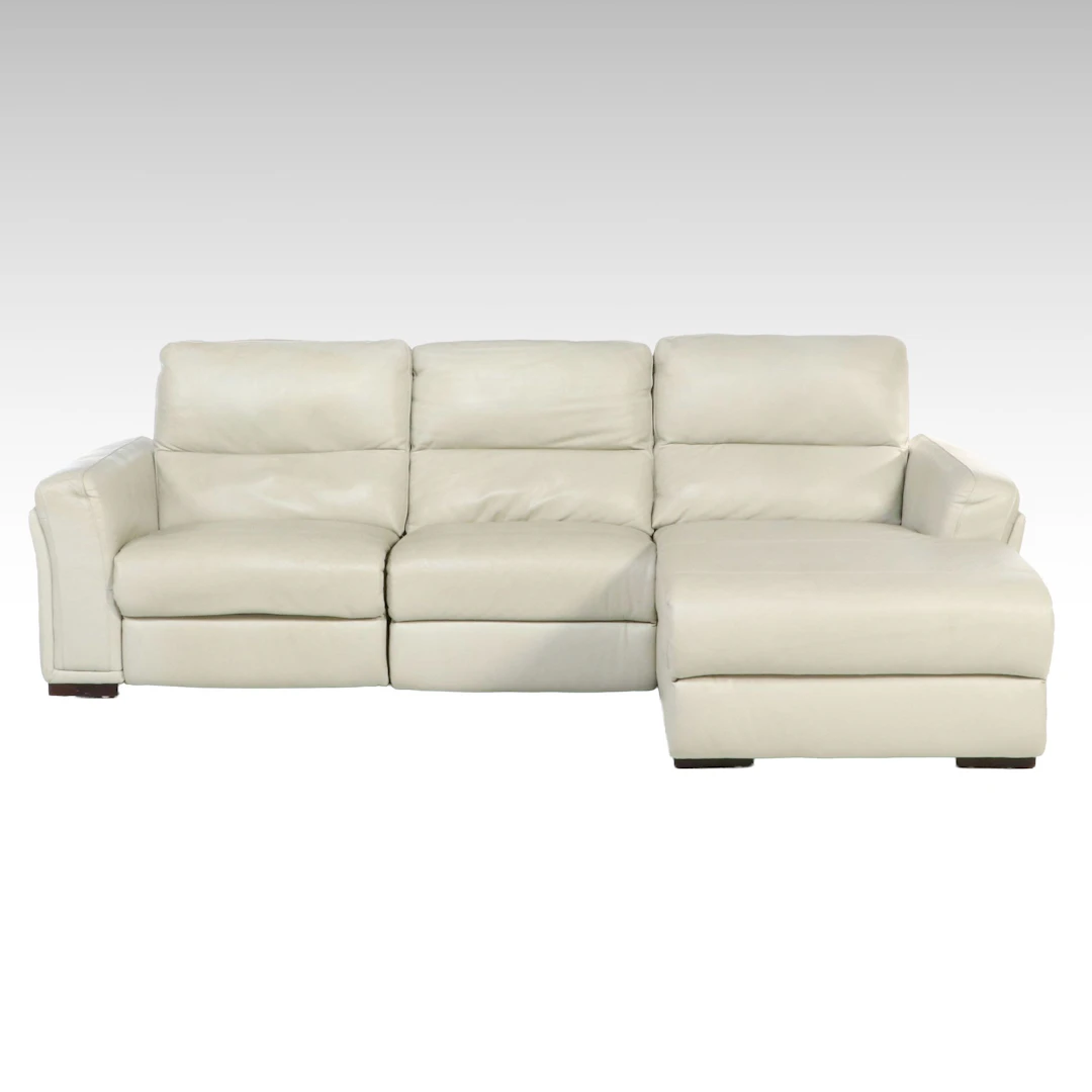 Cream Leather Power Reclining Sectional Sofa with Chaise, Late 20th Century