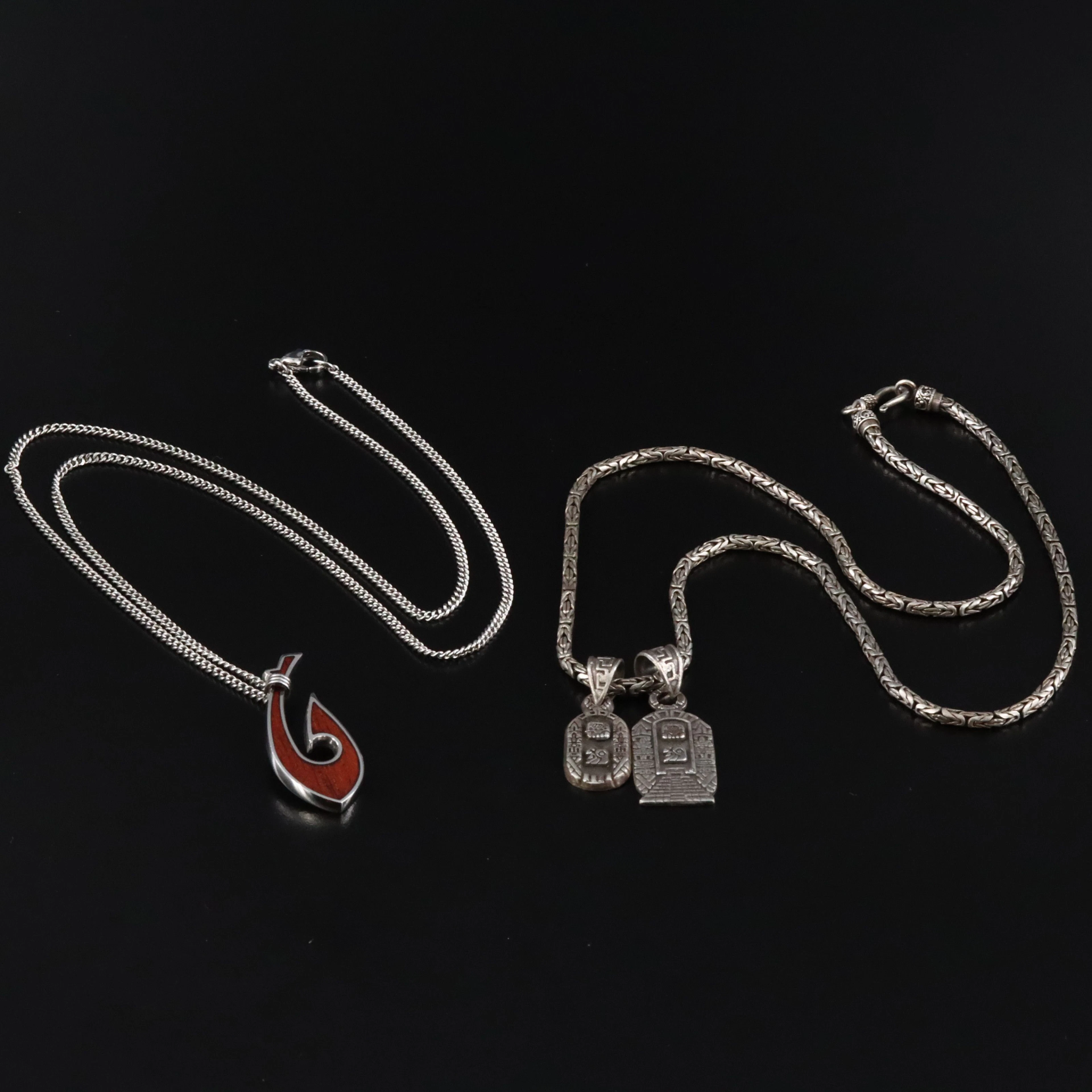 Na Hoku Stainless Steel Wood Fish Hook & Sterling Mesoamerican Pendant