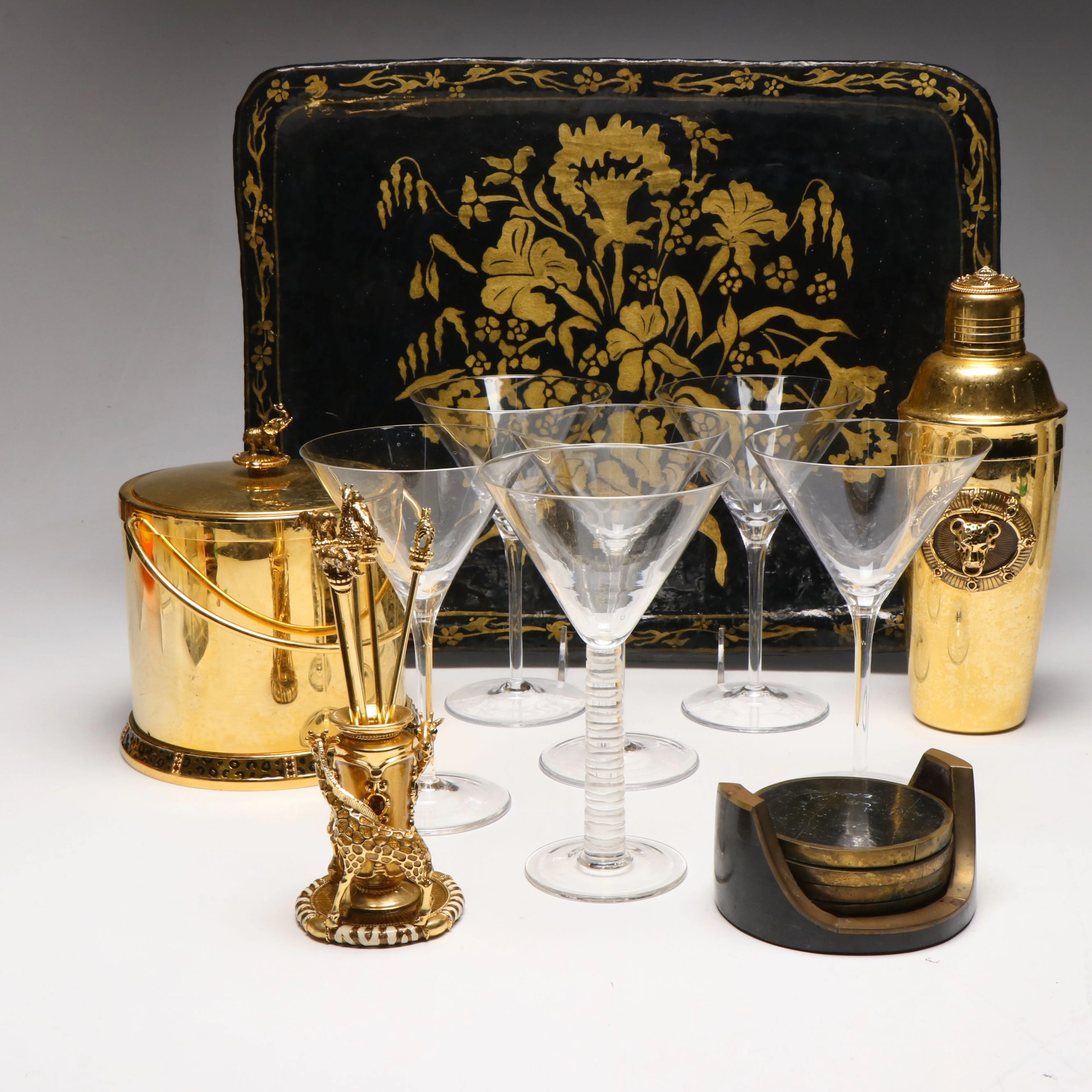 Neiman Marcus Lacquerware Tray with Gilt Safari Theme and Other Barware
