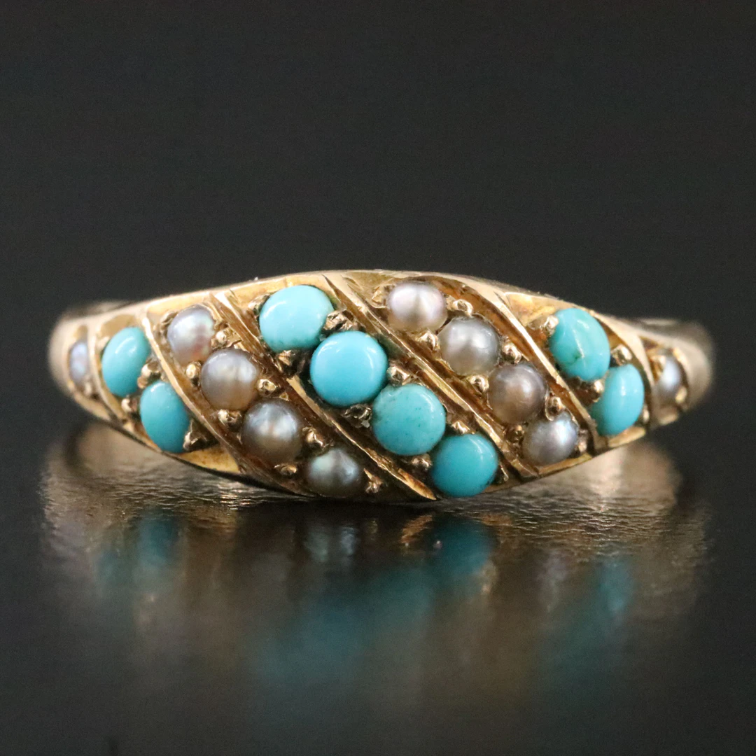 Victorian 10K Turquoise and Seed Pearl Ring