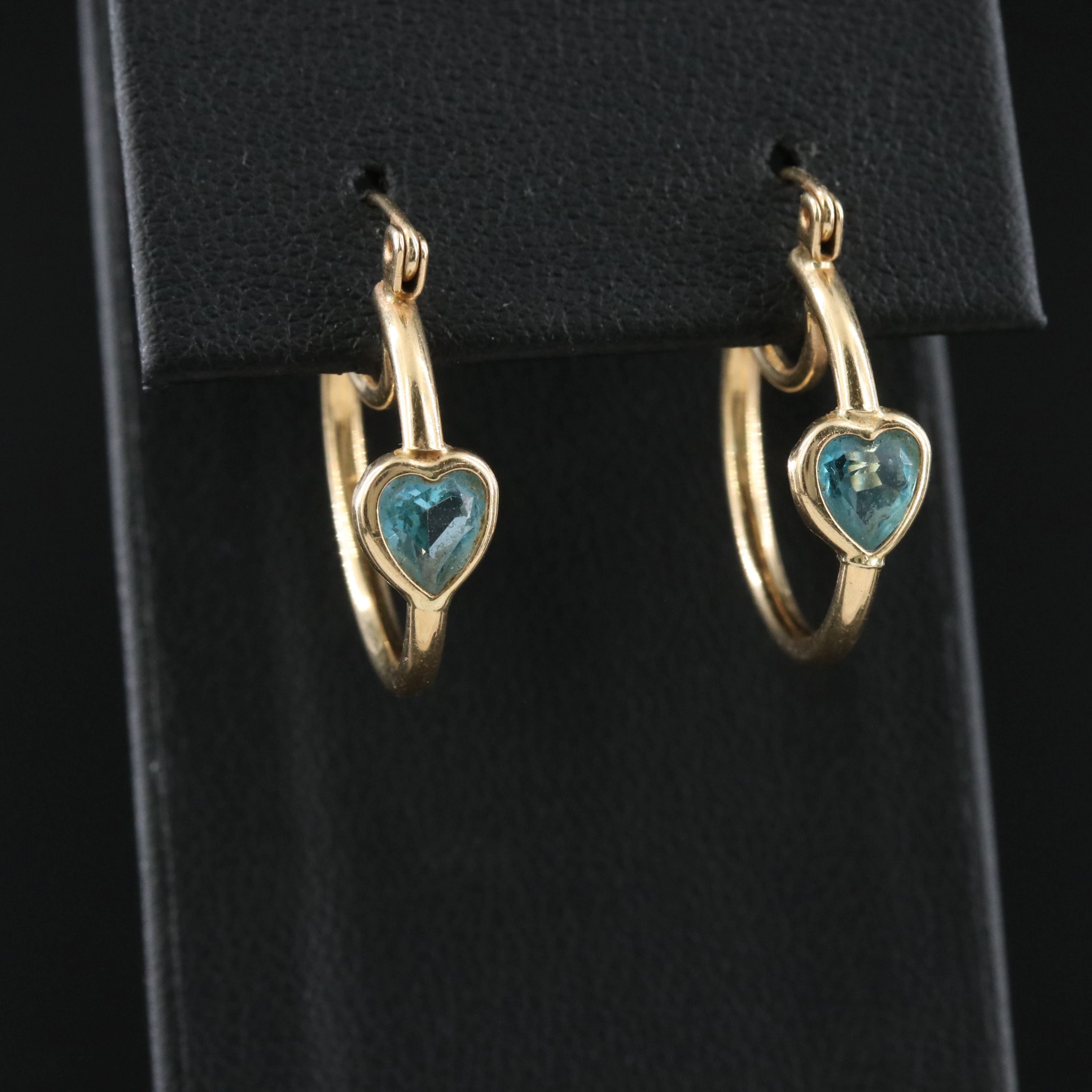 14K Blue Topaz Heart Hoop Earrings