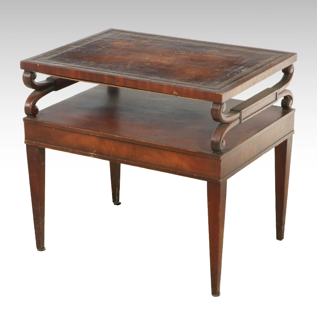 Neoclassical Style Leather-Top Two-Tier Step End Table, Mid to Late