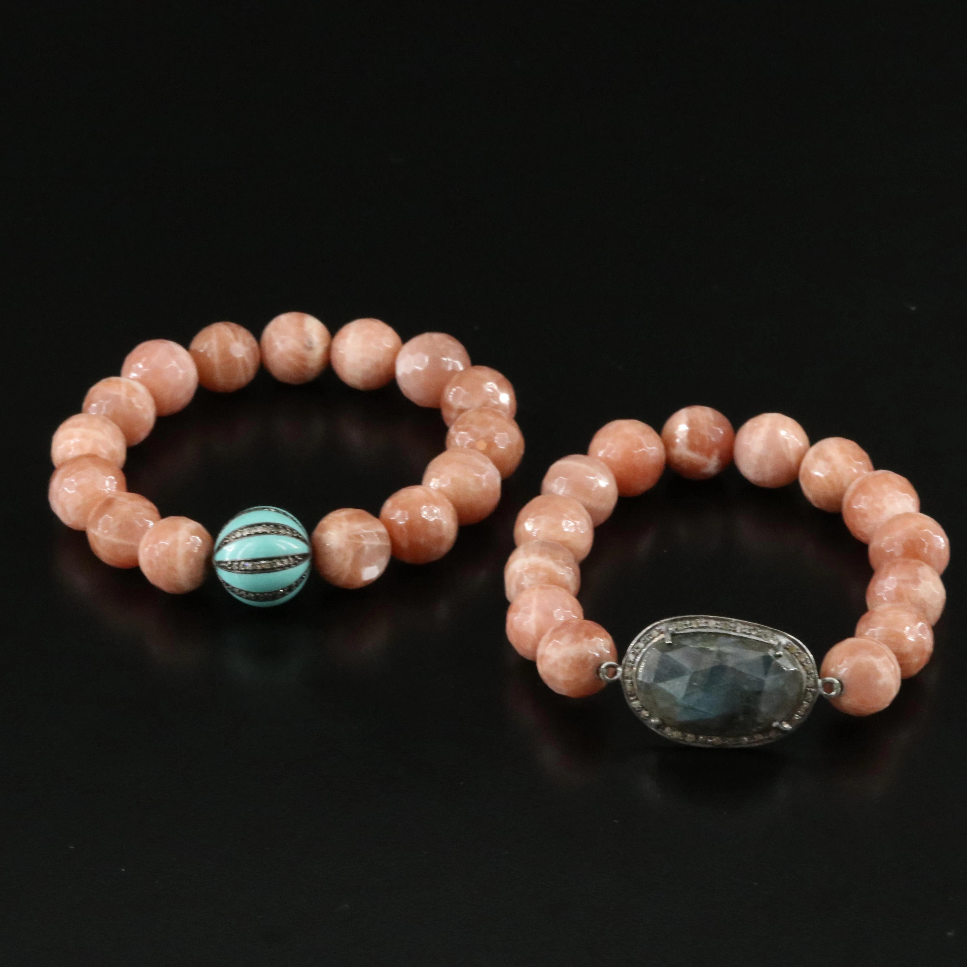 Sterling Sunstone, Labradorite and Diamond Bracelets