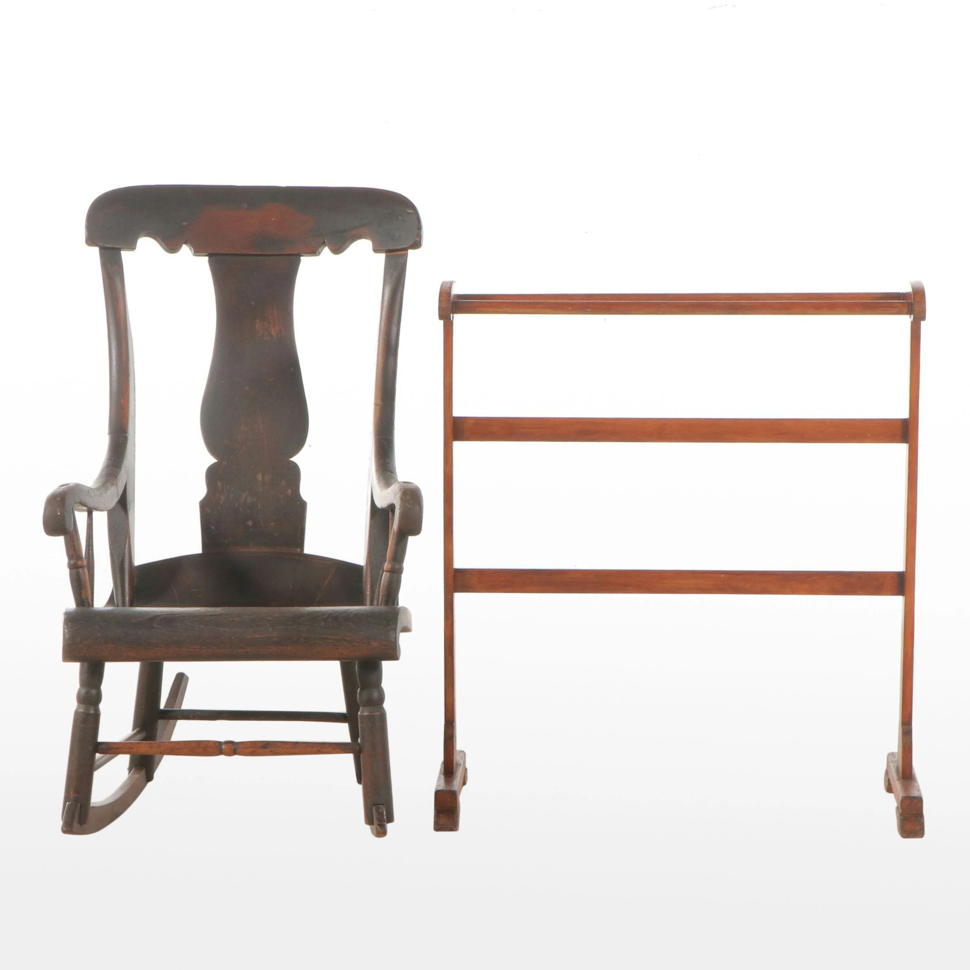 Antique Ash Rocking Chair with Wooden Quilt Rack