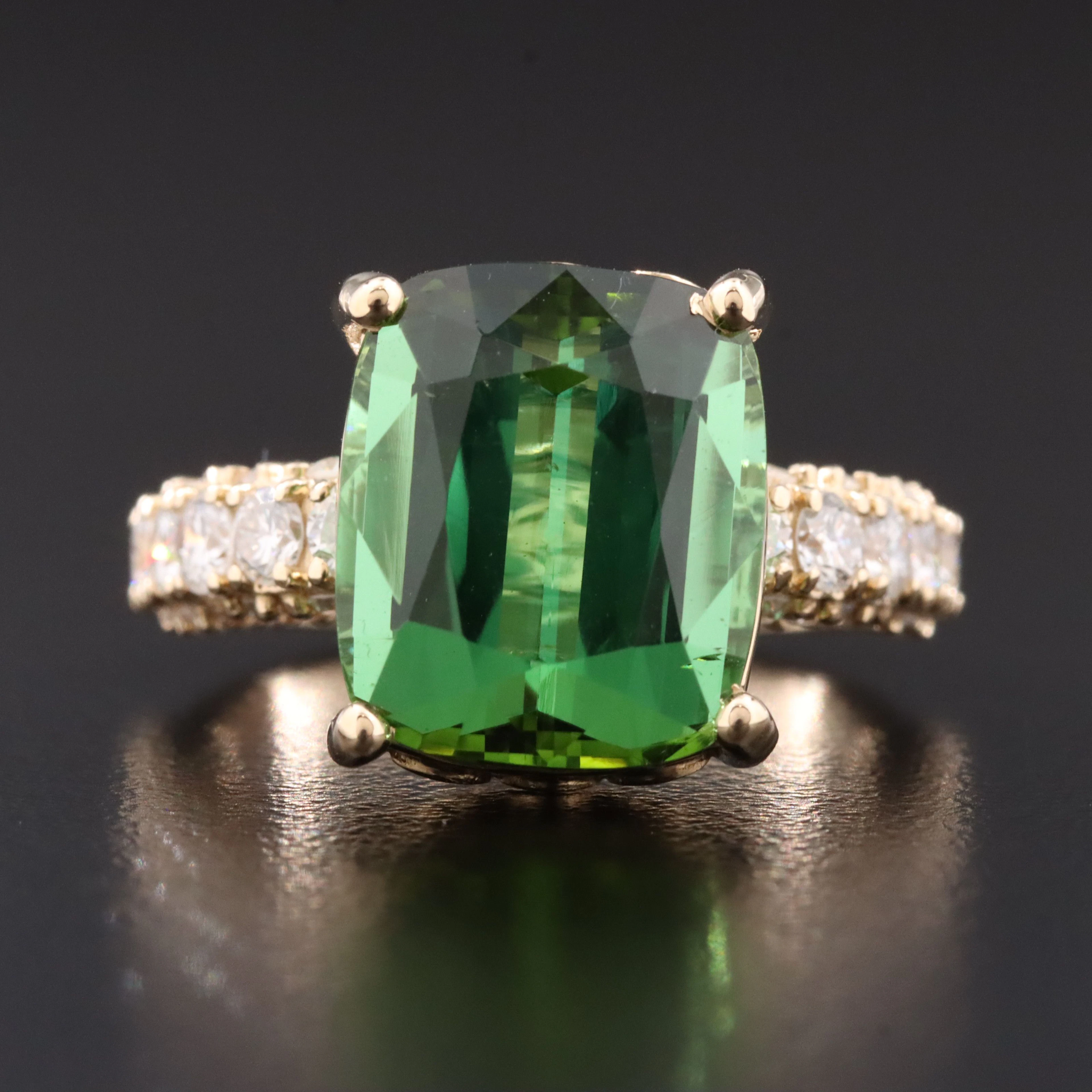 14K 8.68 CT Green Tourmaline and 2.00 CTW Diamond Ring with GIA Report