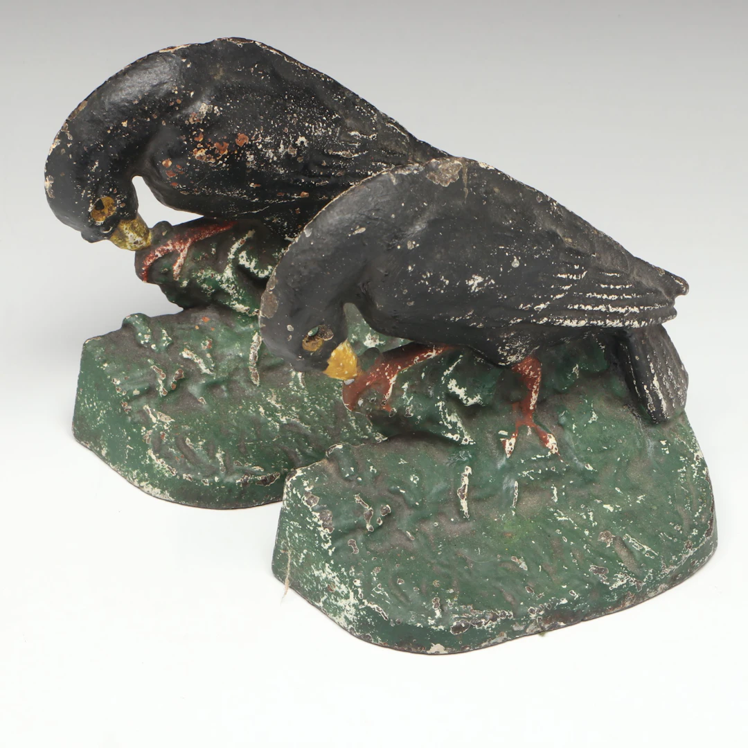 Painted Cast Iron Crow Bookends, Early 20th Century