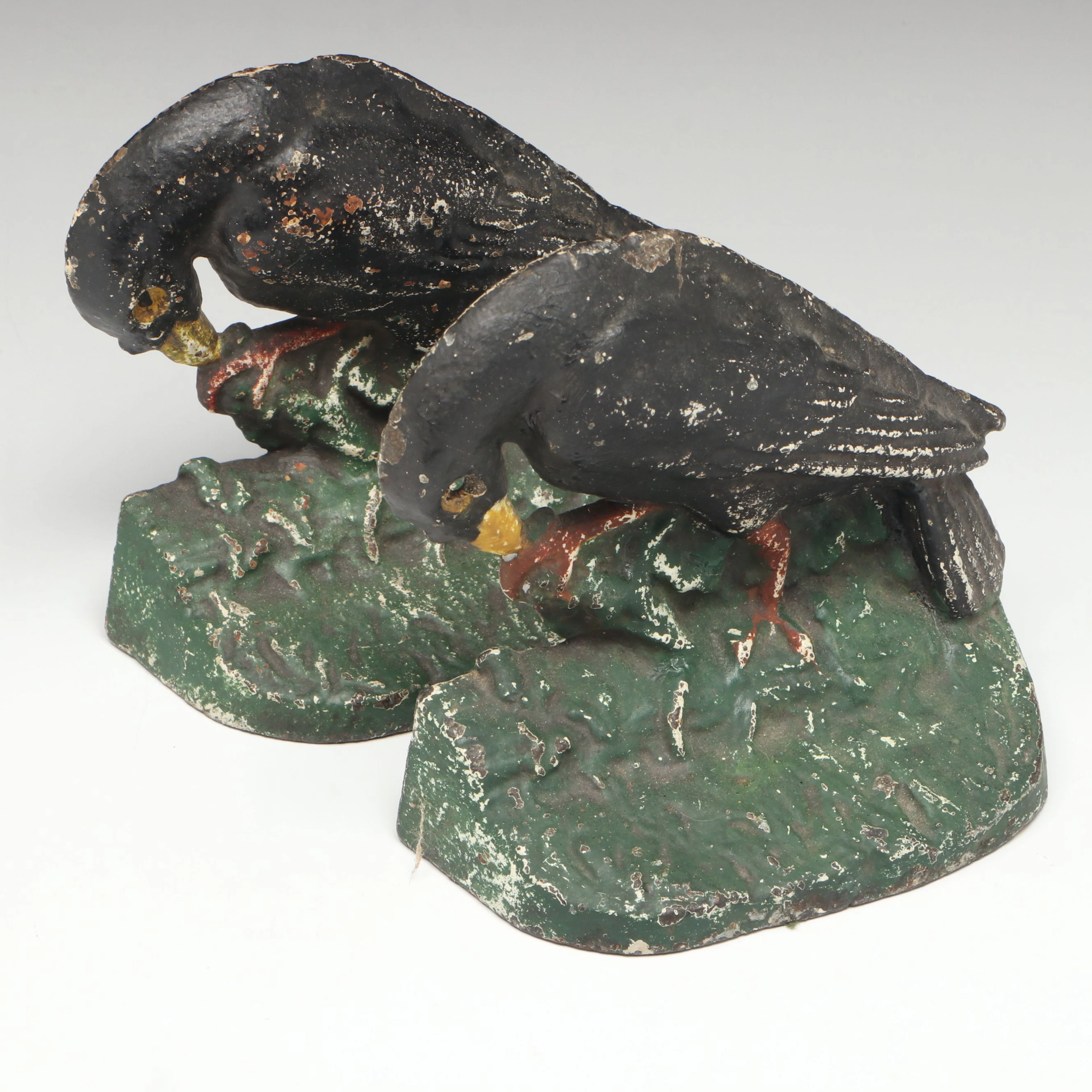 Painted Cast Iron Crow Bookends, Early 20th Century