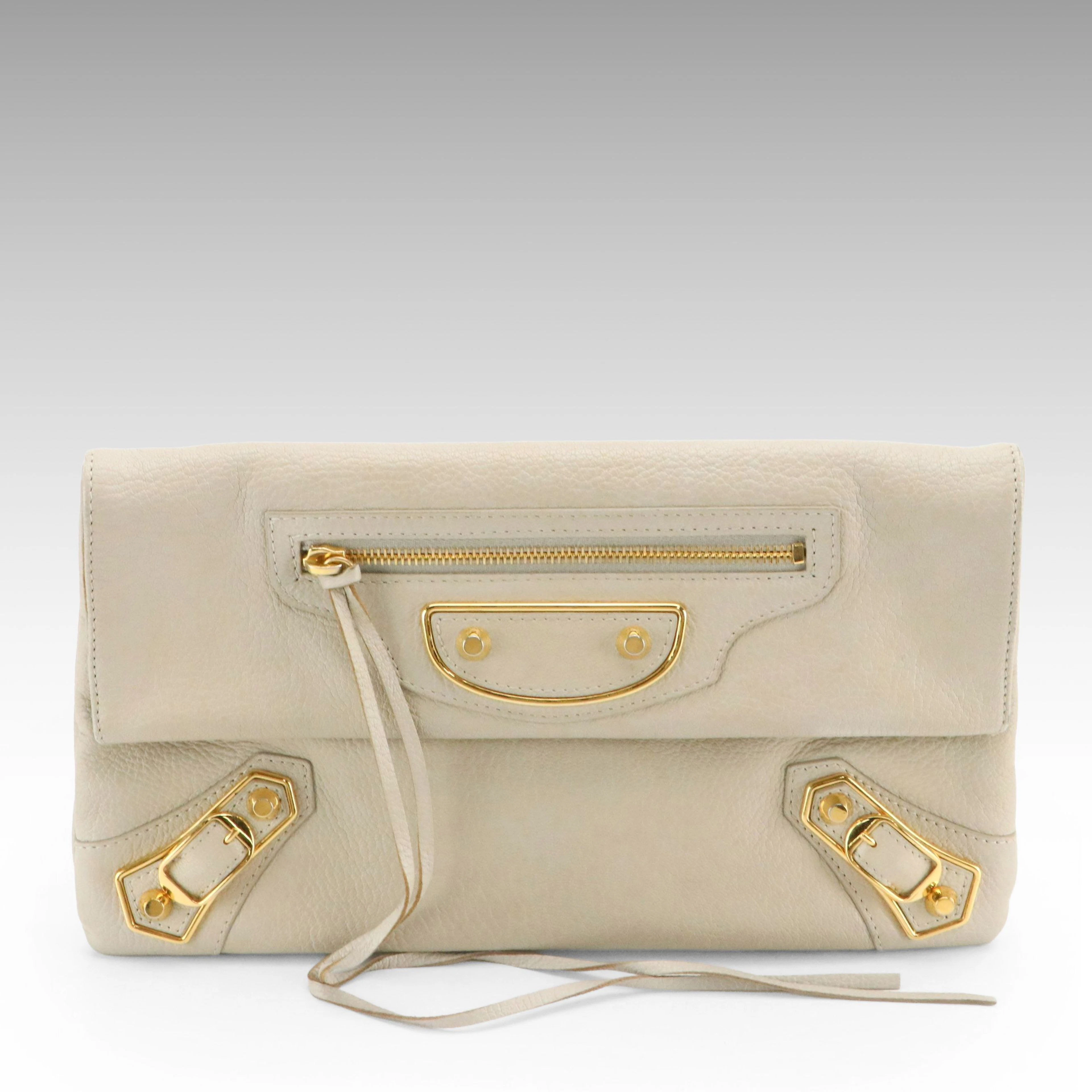 Balenciaga Motocross Envelope Clutch in Beige Grained Leather