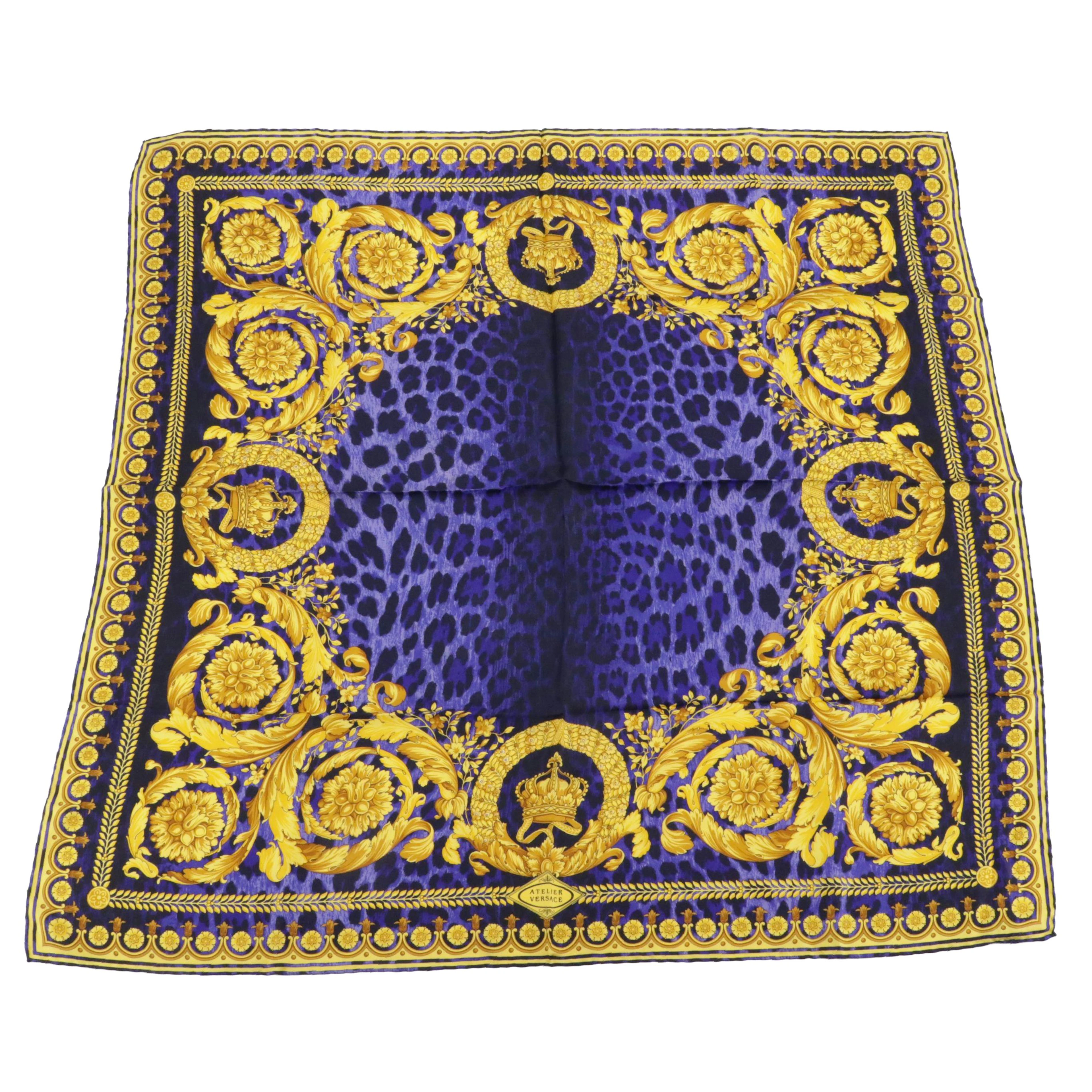 Versace Atelier Leopard, Crown, and Acanthus Leaf Print Scarf