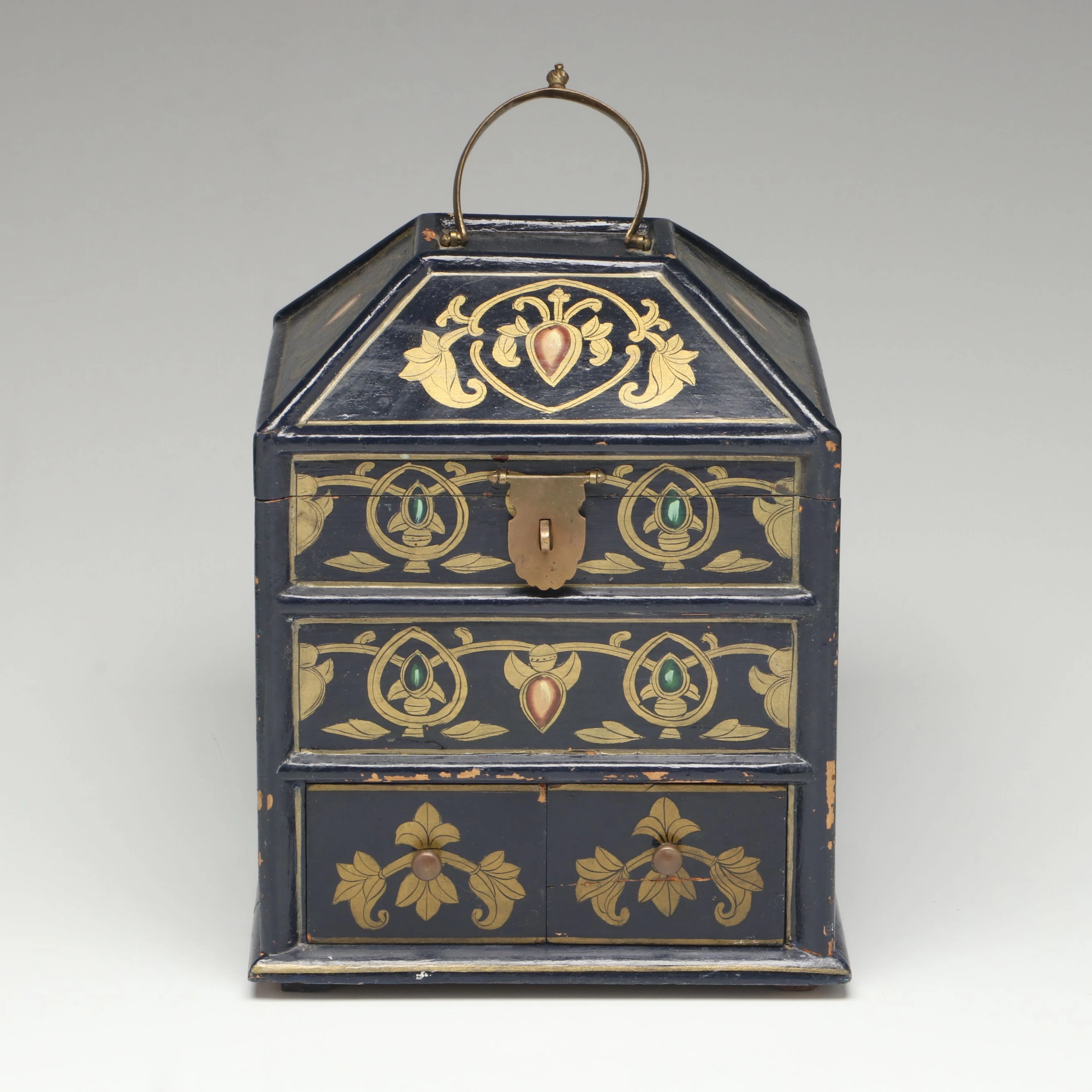 Indian Mughal Style Hand-Painted Floral Wood Dowry Box