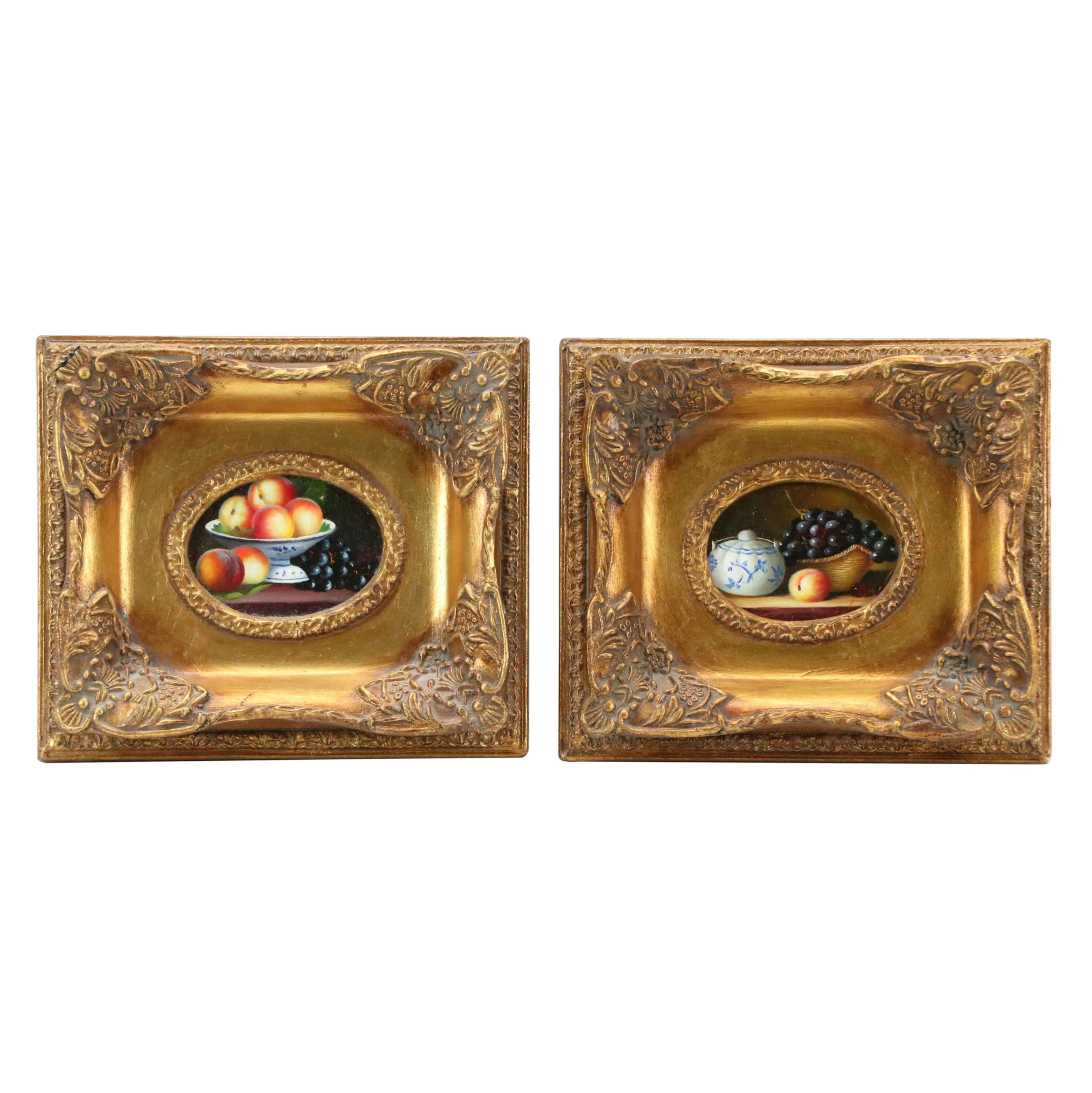 Pair of Still Life Oil Paintings with Peaches and Ceramics