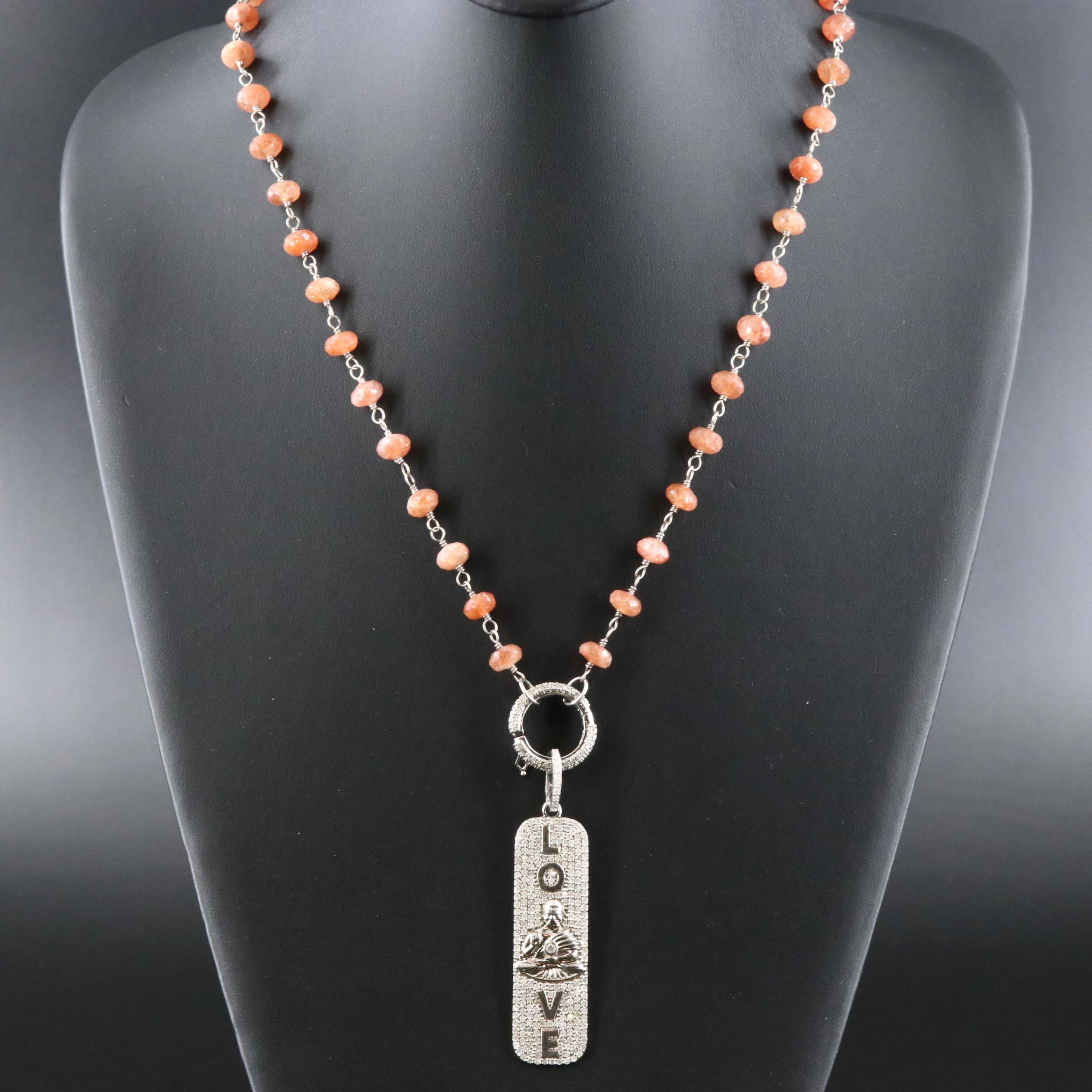 Sheryl Lowe Sterling Sunstone Bead and Diamond Buddha Love Necklace