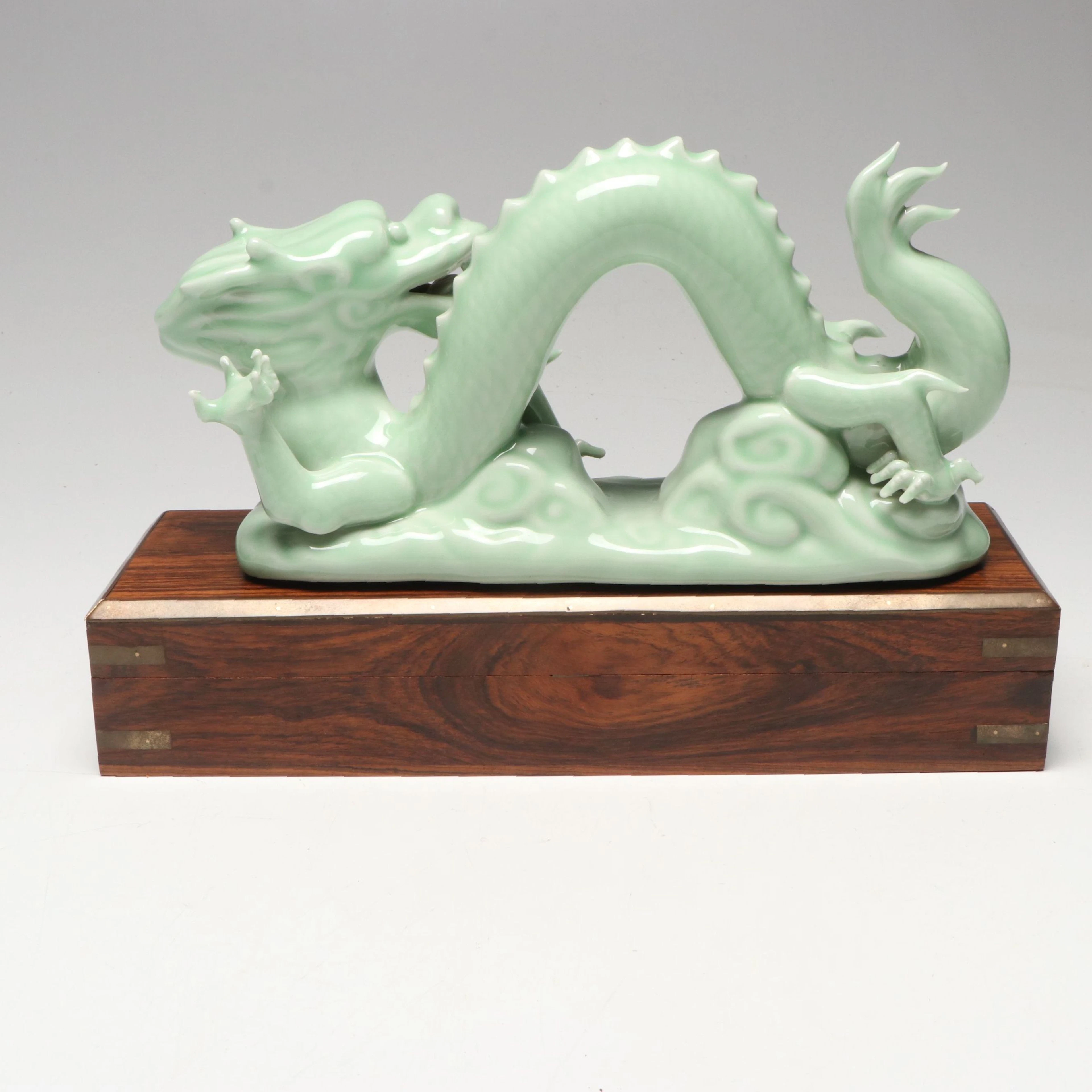 Chinese Ceramic Dragon on Wooden Box with Brass Mounts