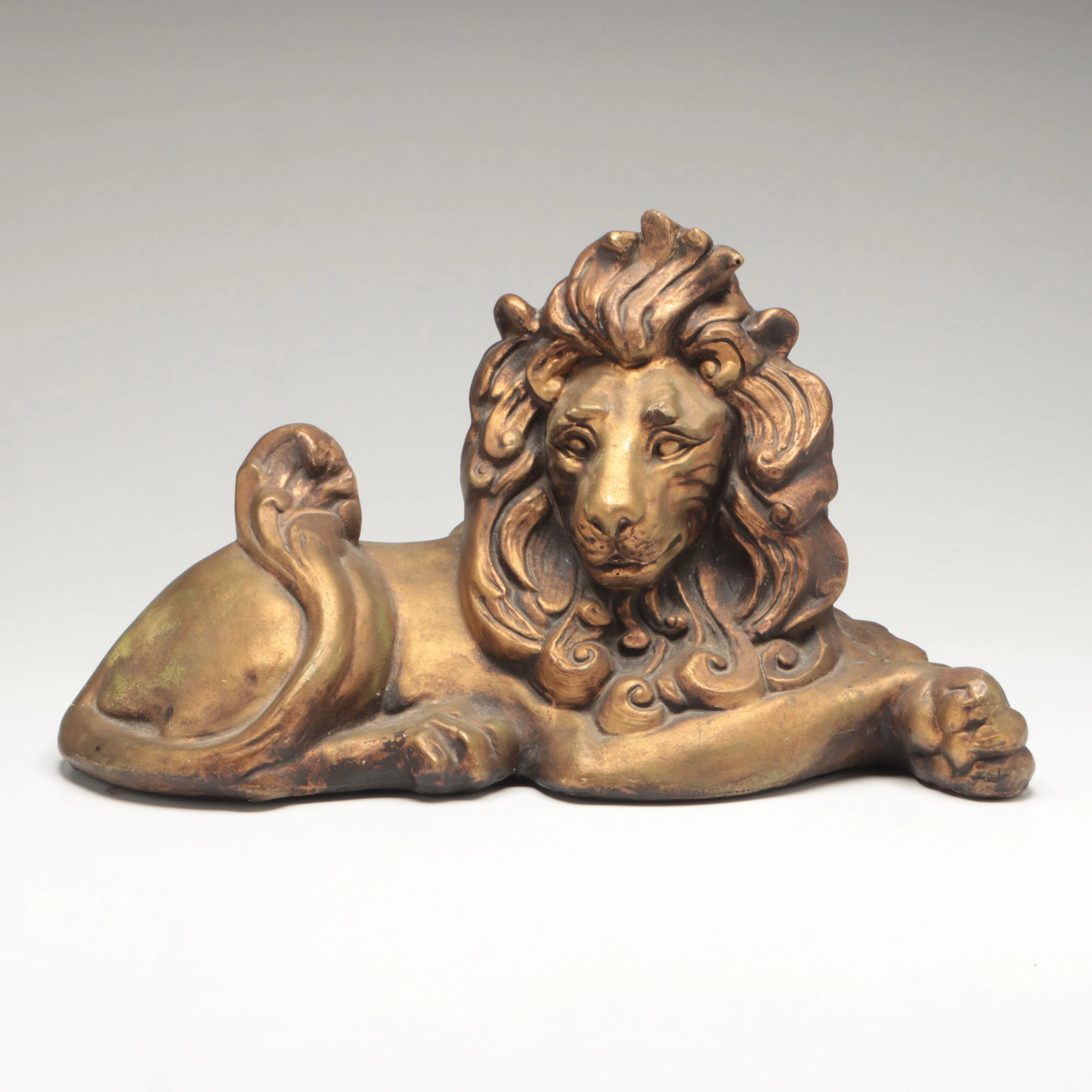 Hollywood Regency Style Gilt Finished Reclining Lion, Mid to Late 20th Century