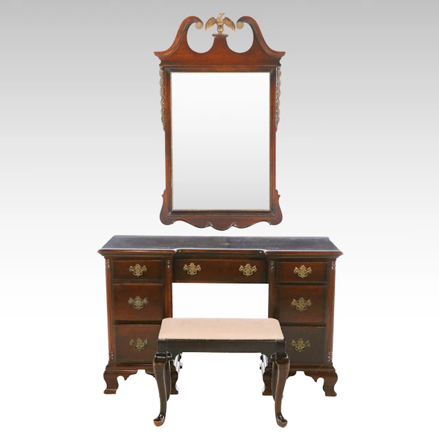 Federal Style Kneehole Desk and Wall Mirror with Kling Furniture Vanity Stool